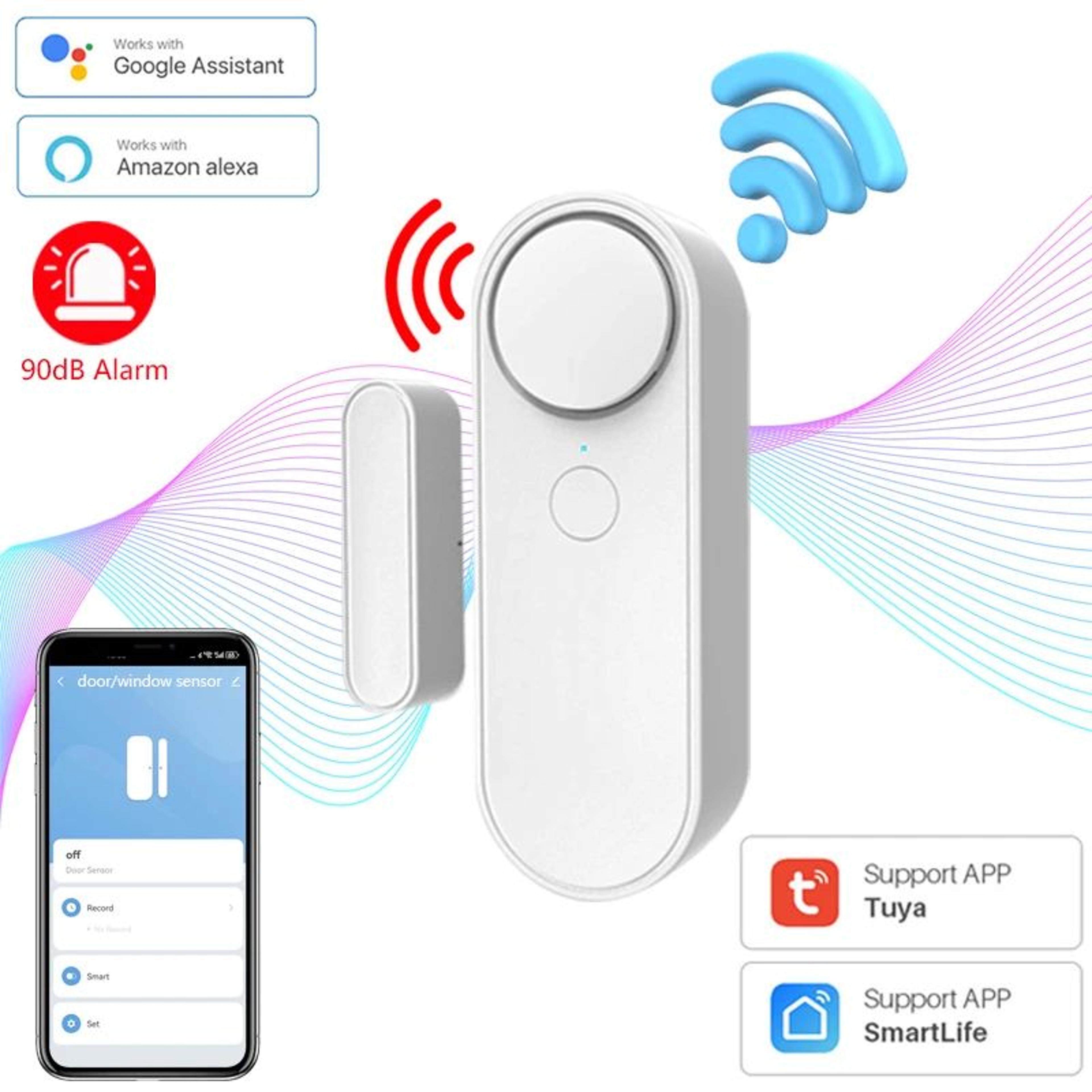 tuya wifi door window sensor with 90db siren, smart entry security detector, alexa & google home compatible