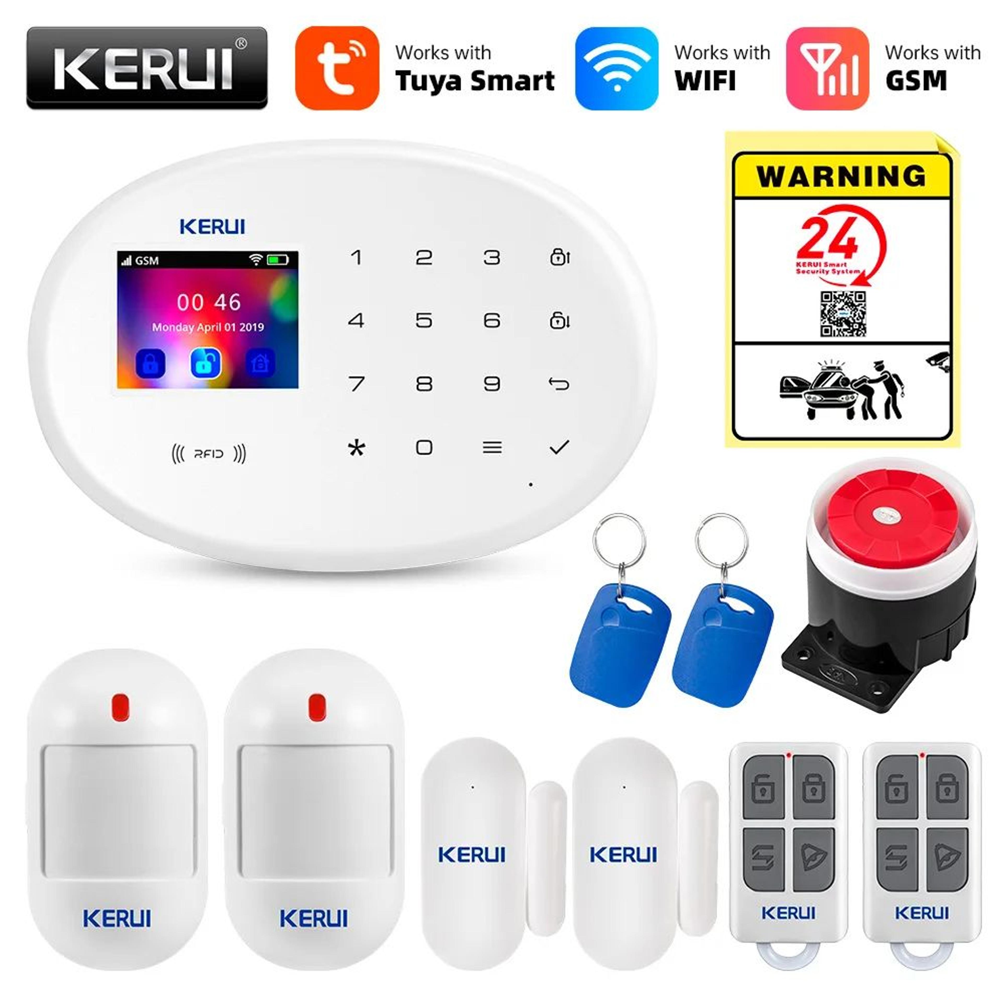 kerui tuya smart wifi gsm home alarm system 433mhz with motion detector & door sensor, alexa compatible