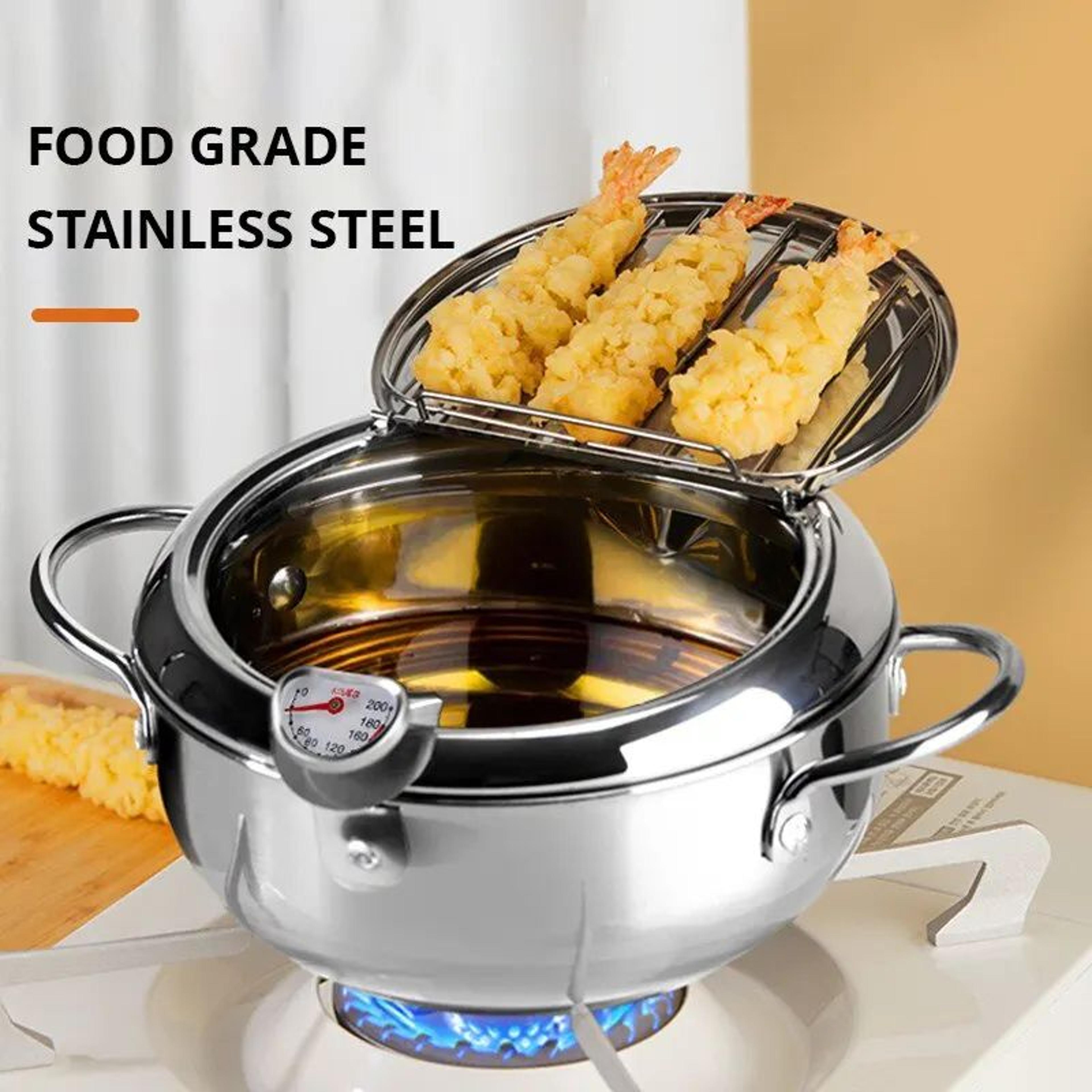stainless steel deep frying pan with thermometer & lid, small oil-saving tempura fryer pot for french fries