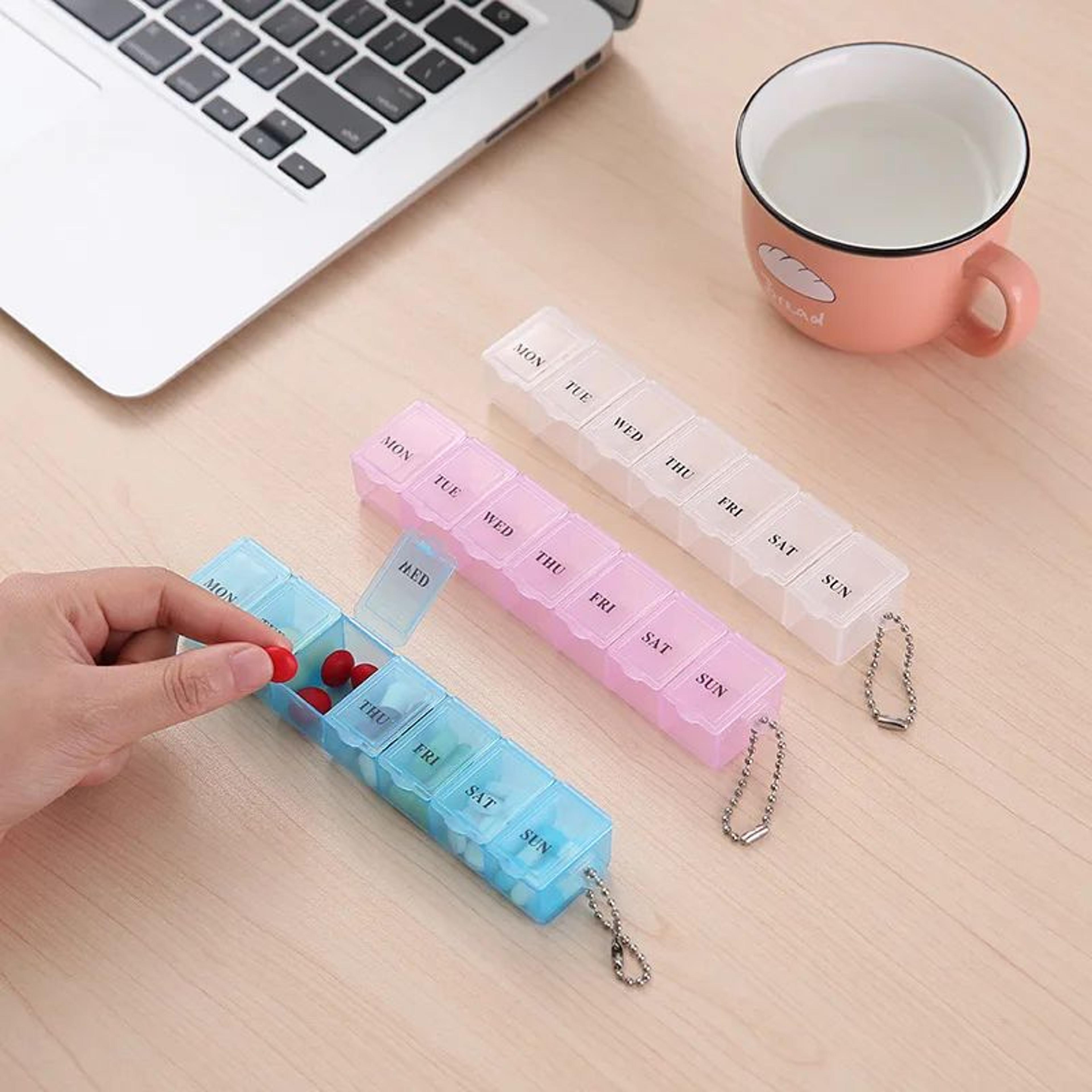 7-day weekly pill organizer box with splitters, portable tablet medicine case, 3 colors, daily am pm storage organizer