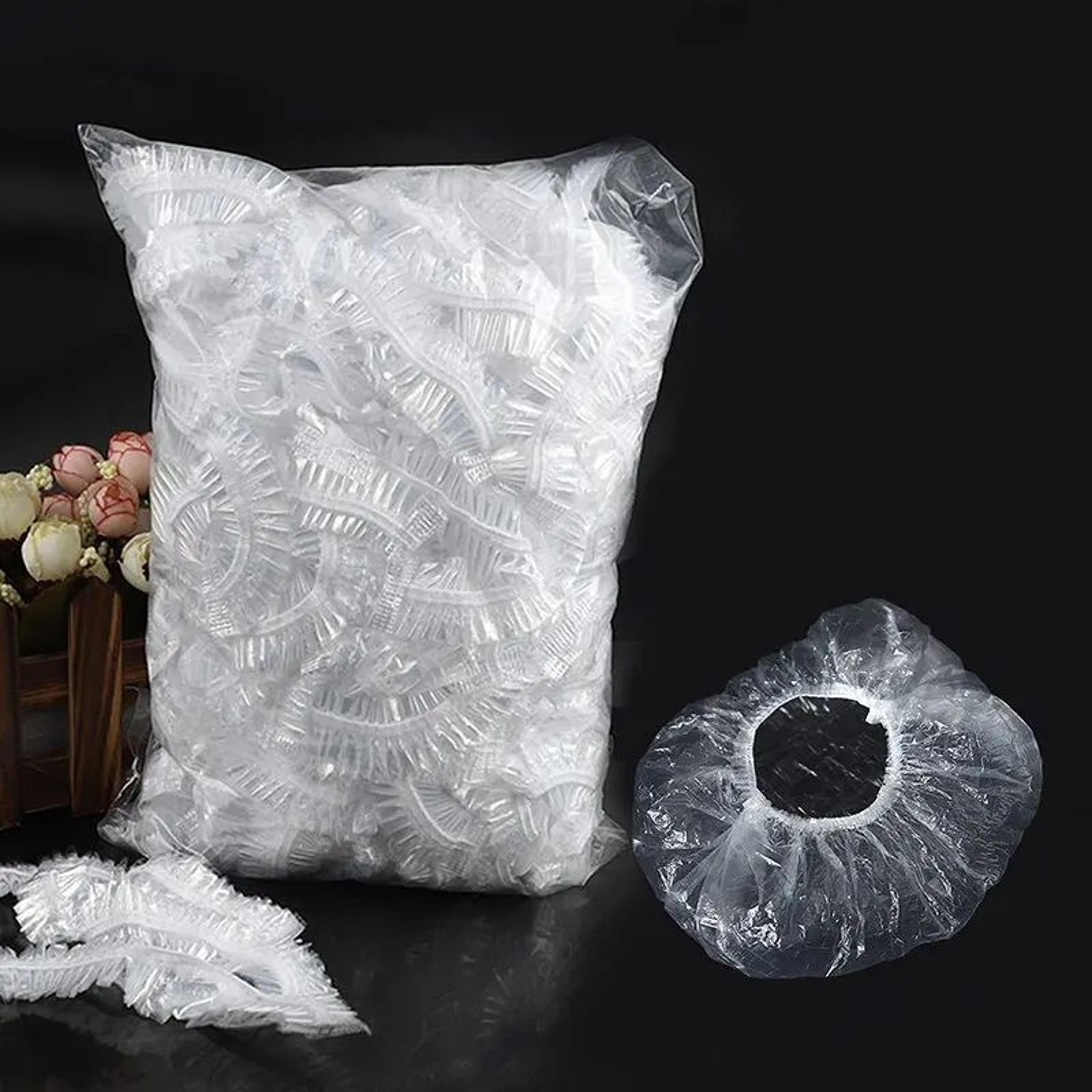 100 pcs disposable shower caps 16.5in thickened plastic hair cover with elastic band, waterproof bath caps for home