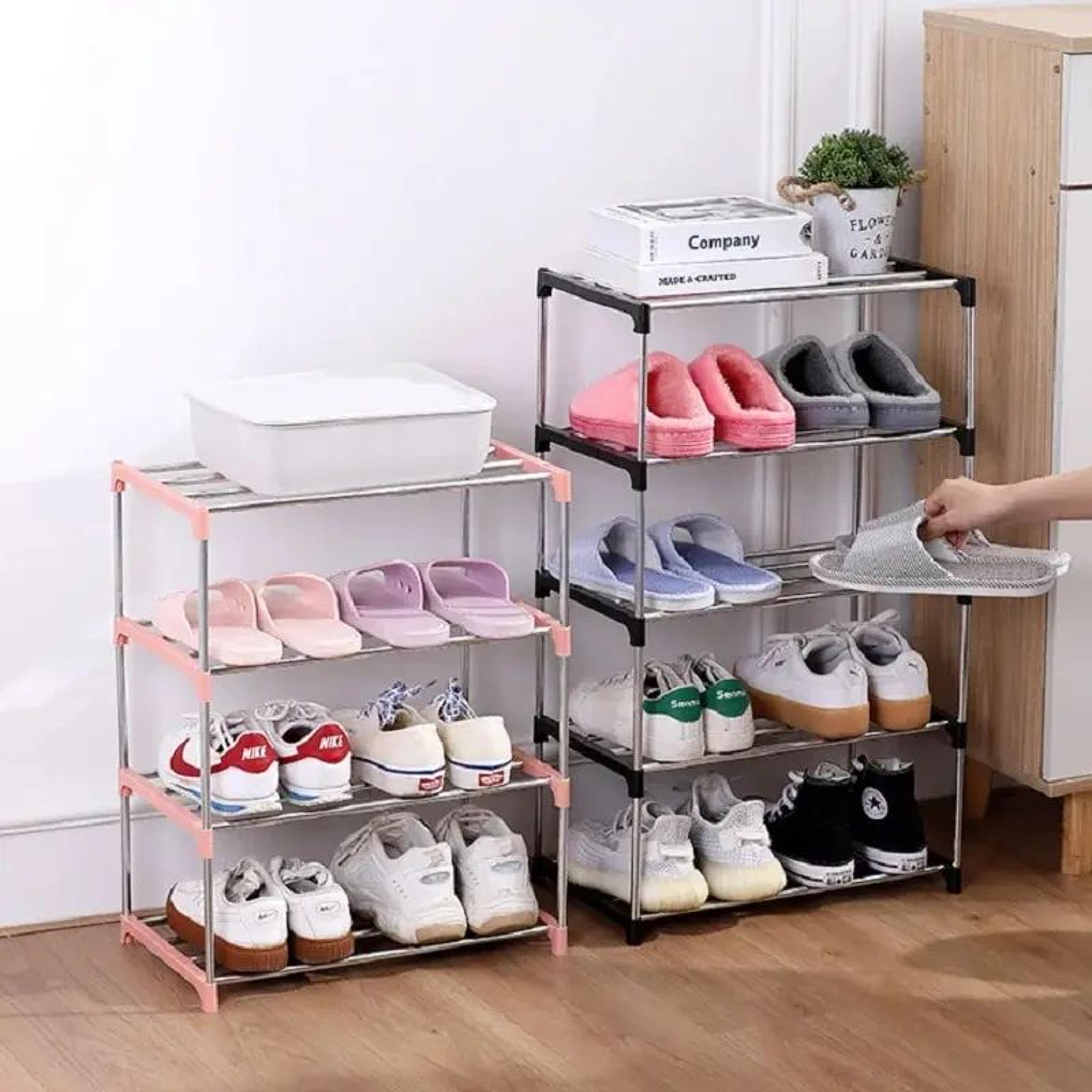 3-4 tier space saving shoe rack organizer, multi-layer plastic storage shelf with metal pipes for home entryway