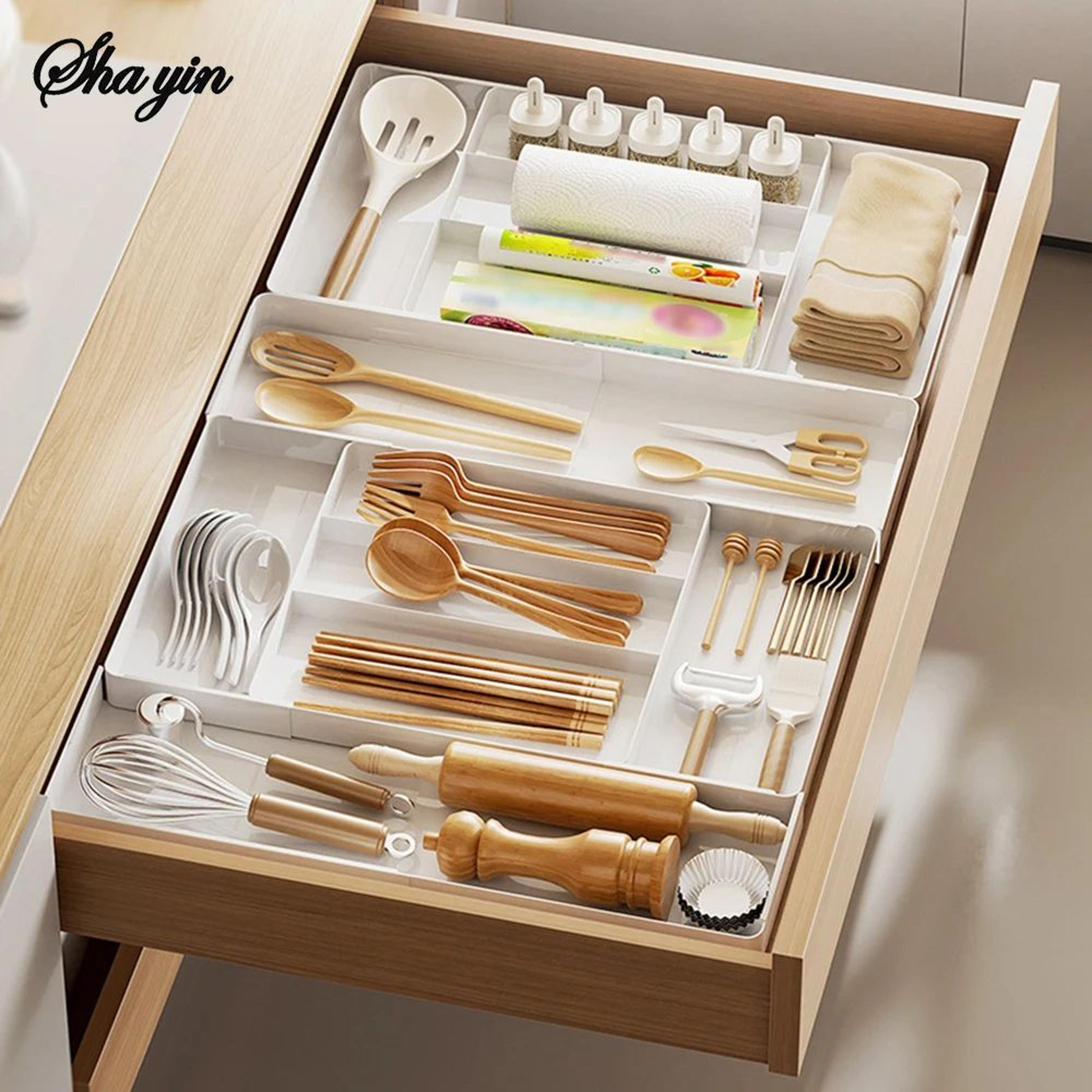 expandable adjustable drawer organizer cutlery tray | versatile kitchen utensil holder for spoons forks knives
