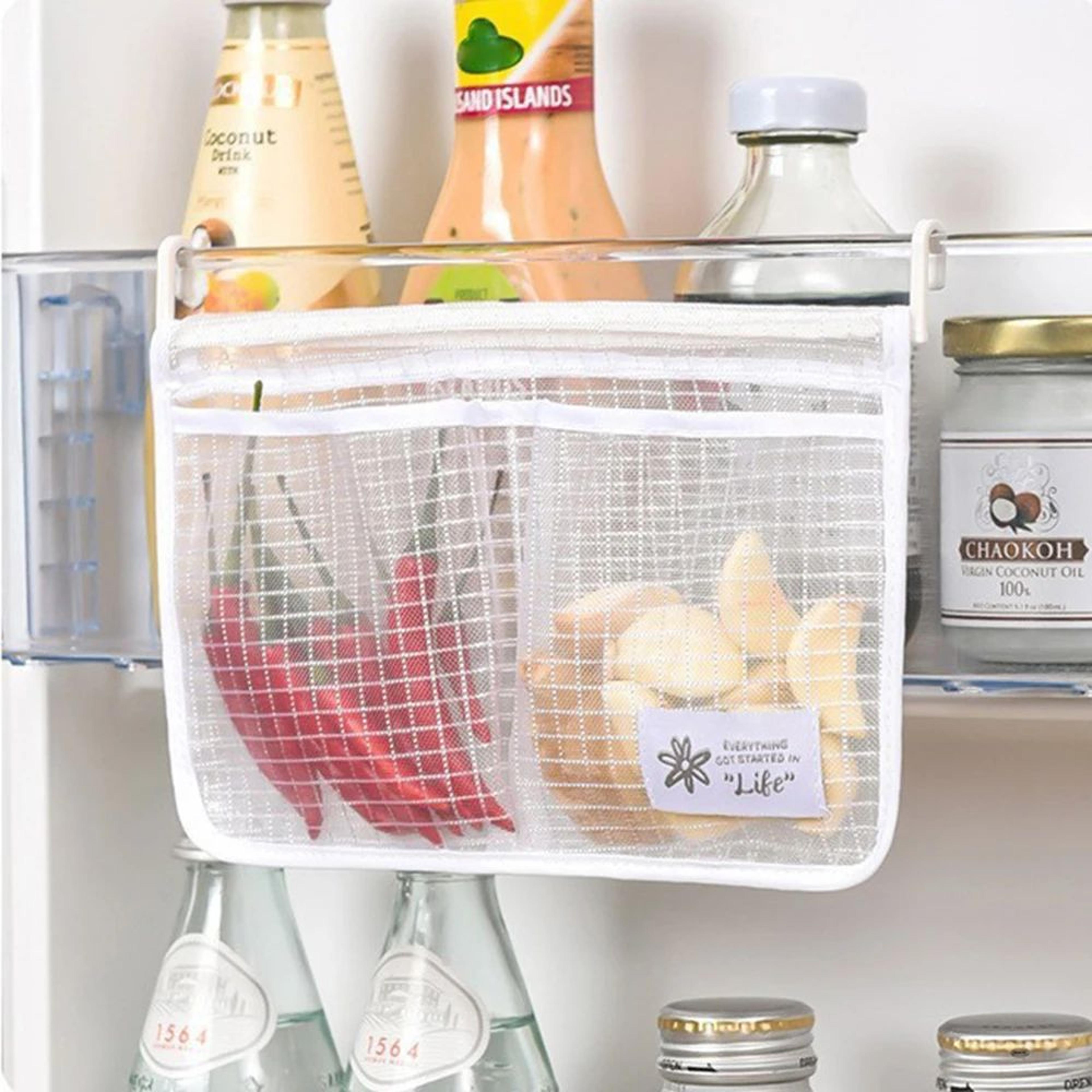 dual compartment fridge hanging organizer mesh storage bag | space saving fruit & snack bin with clear window
