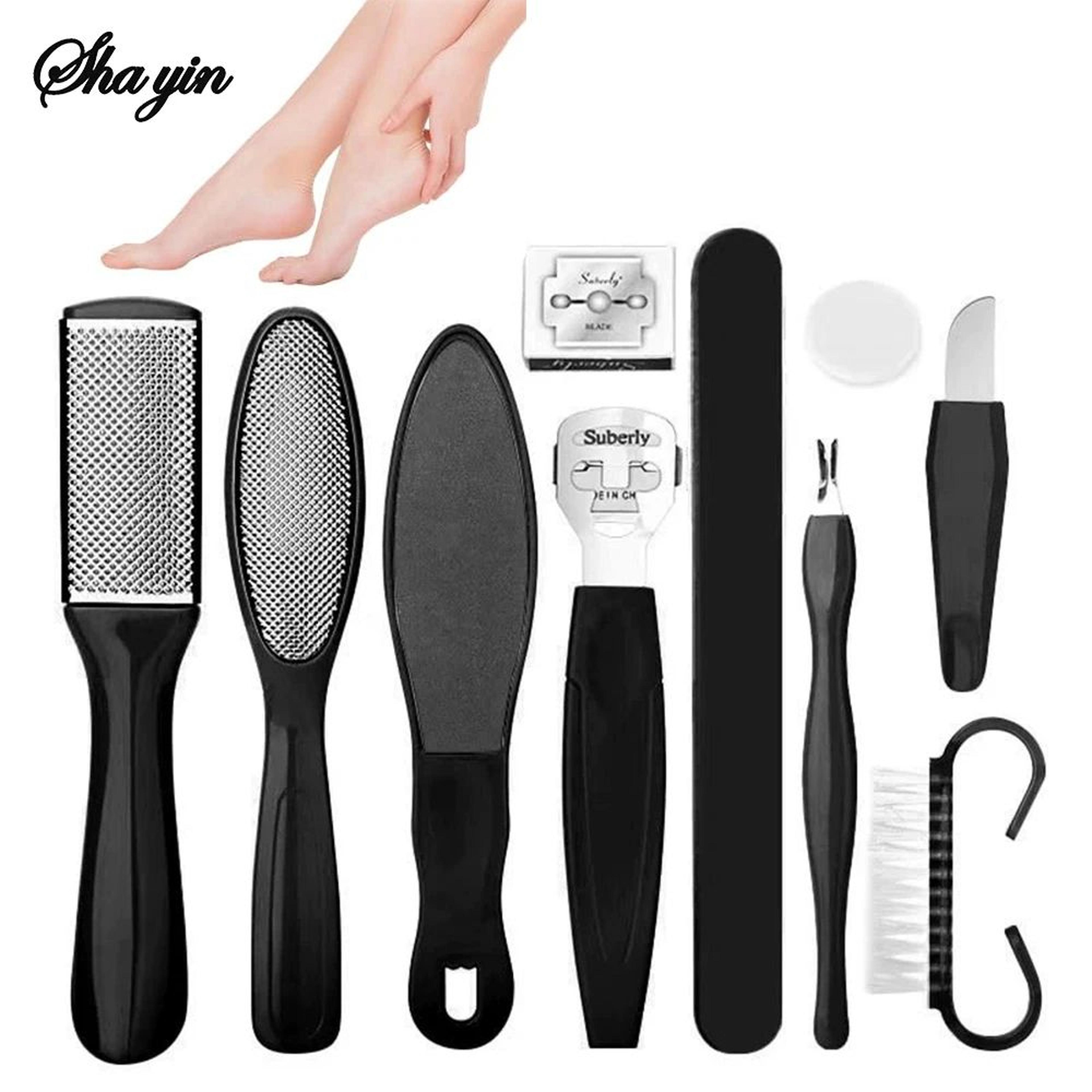 pedicure foot care tool set | stainless steel callus remover & double-sided exfoliating foot scrub brush portable kit