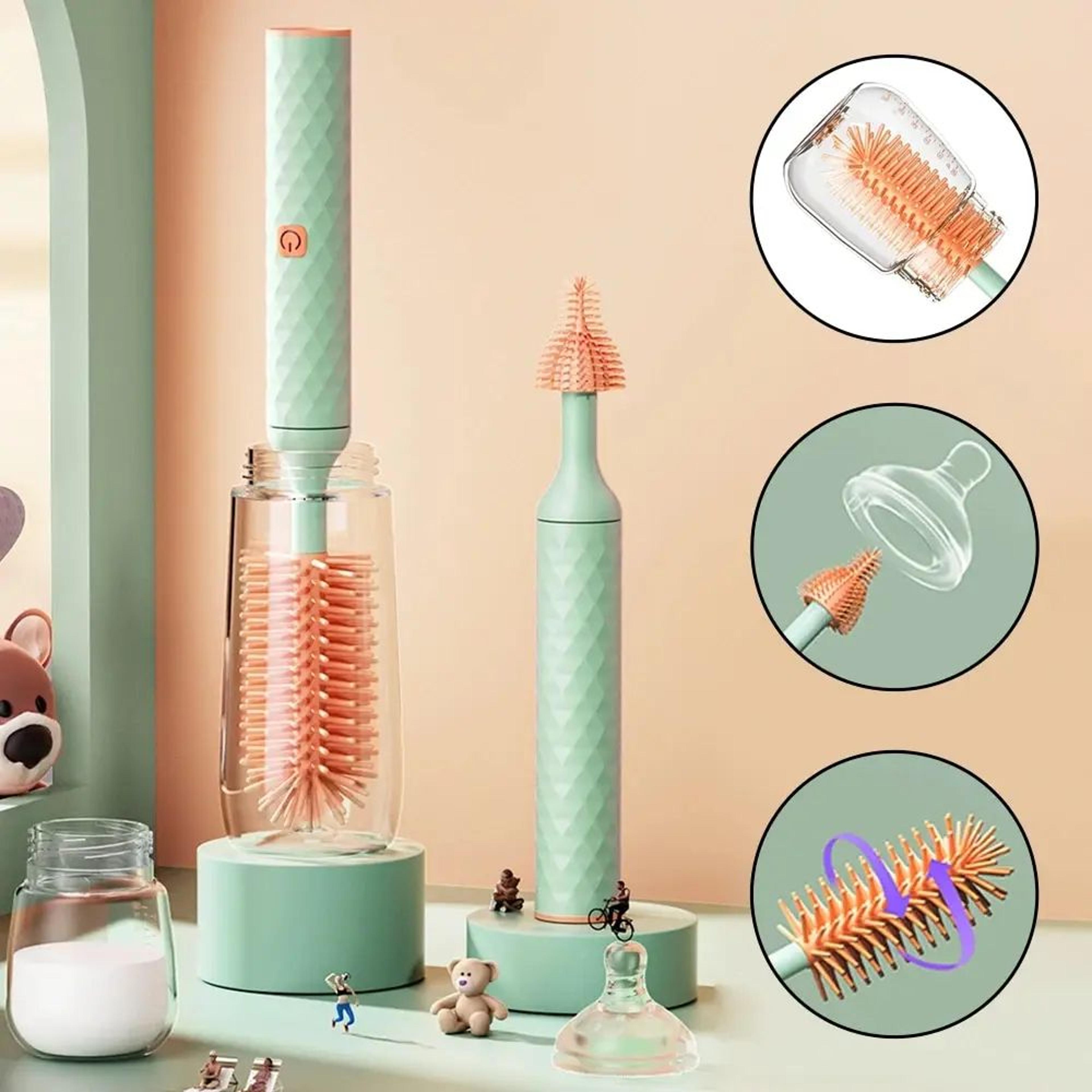 waterproof electric bottle brush 360° rotating long handle | silicone straw & pacifier cleaner, usb powered 3-piece set