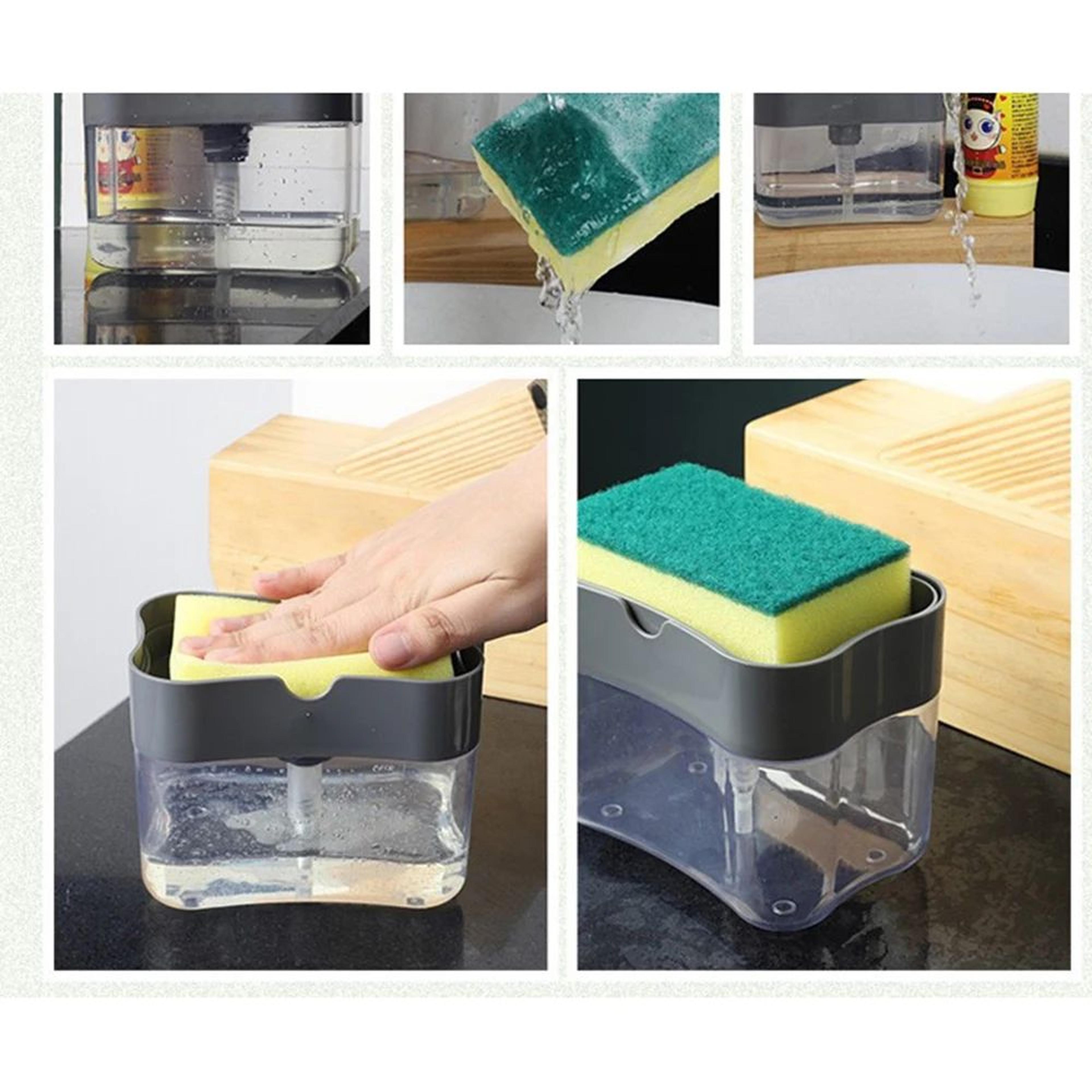 automatic dishwashing brush with soap dispenser | kitchen pot & pan cleaning tool | press liquid detergent scrubber