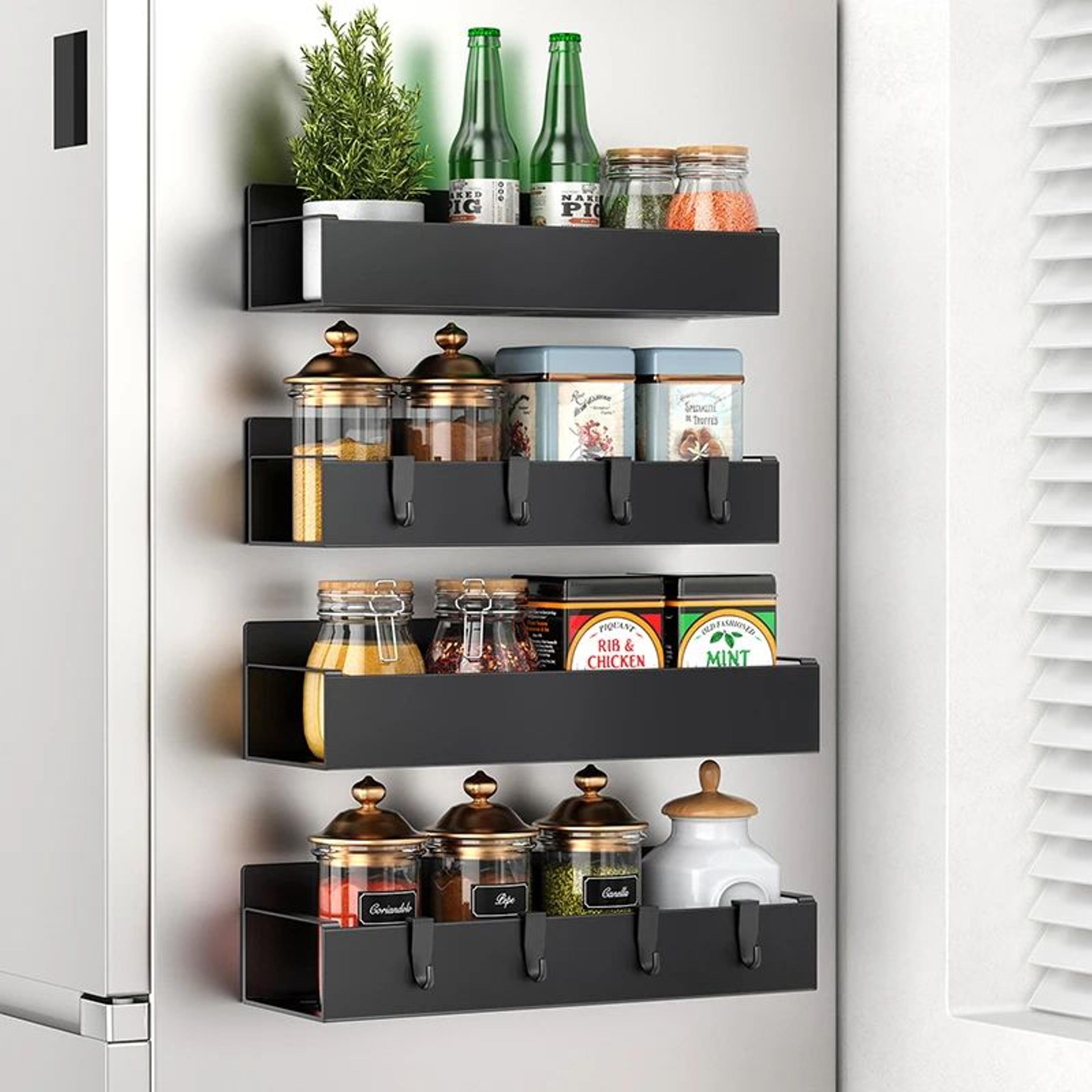 magnetic refrigerator spice rack organizer | no-drill side mount adjustable kitchen storage shelf with hooks for utensil