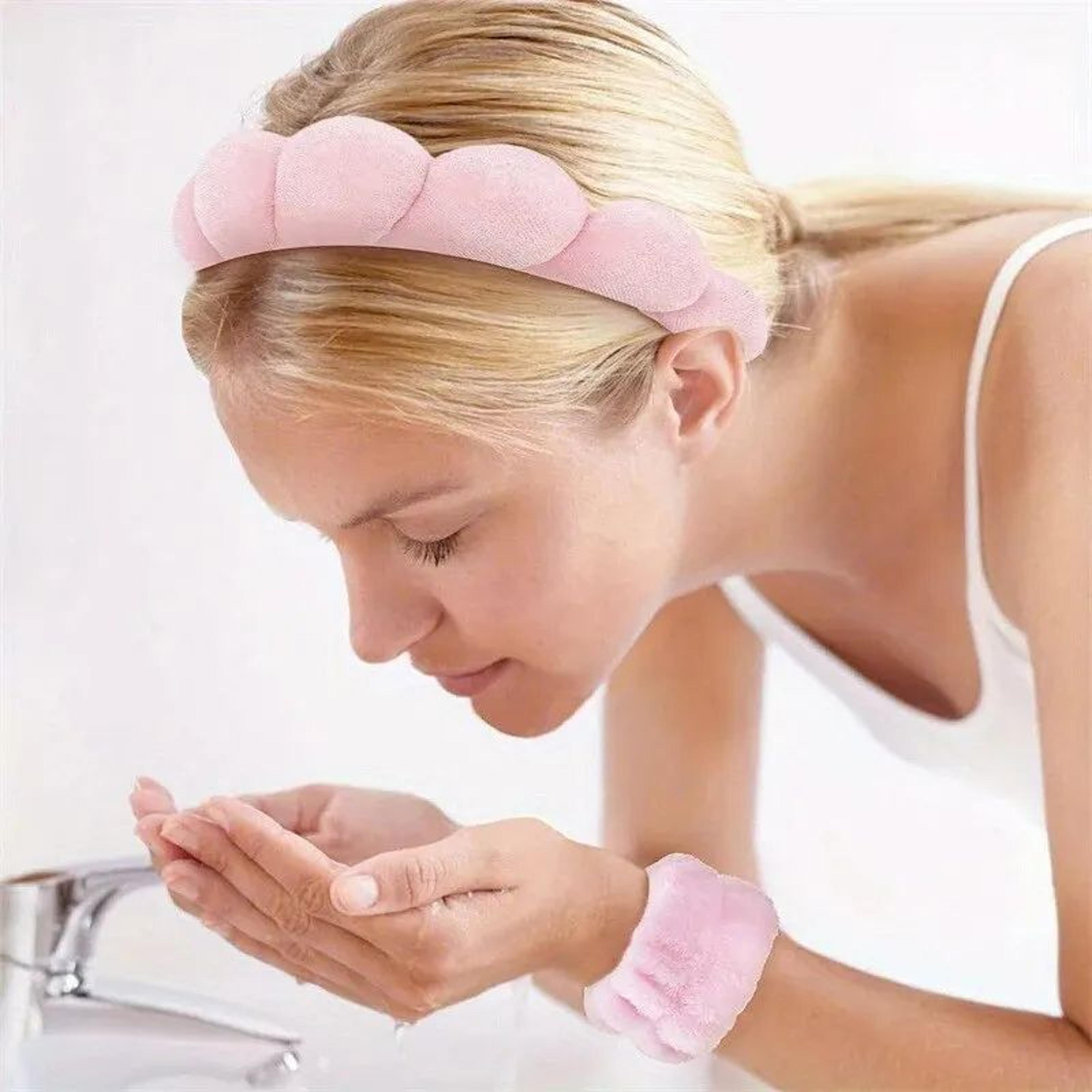 cute cloud spa headband set with wristbands for face washing & makeup removal, soft anti-slip shower skincare band