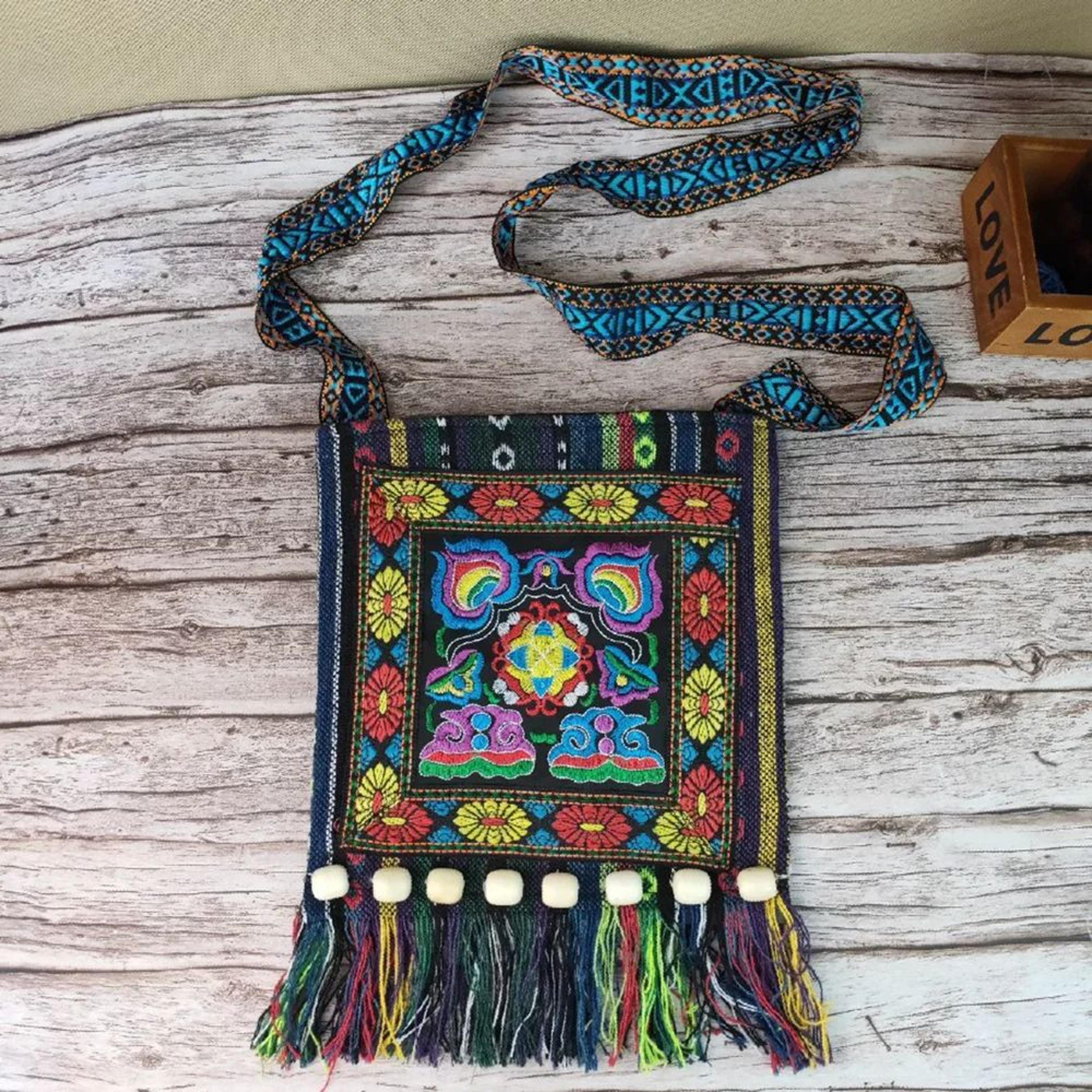retro ethnic embroidered crossbody bag vintage beaded tassel shoulder purse for women handmade woven fabric