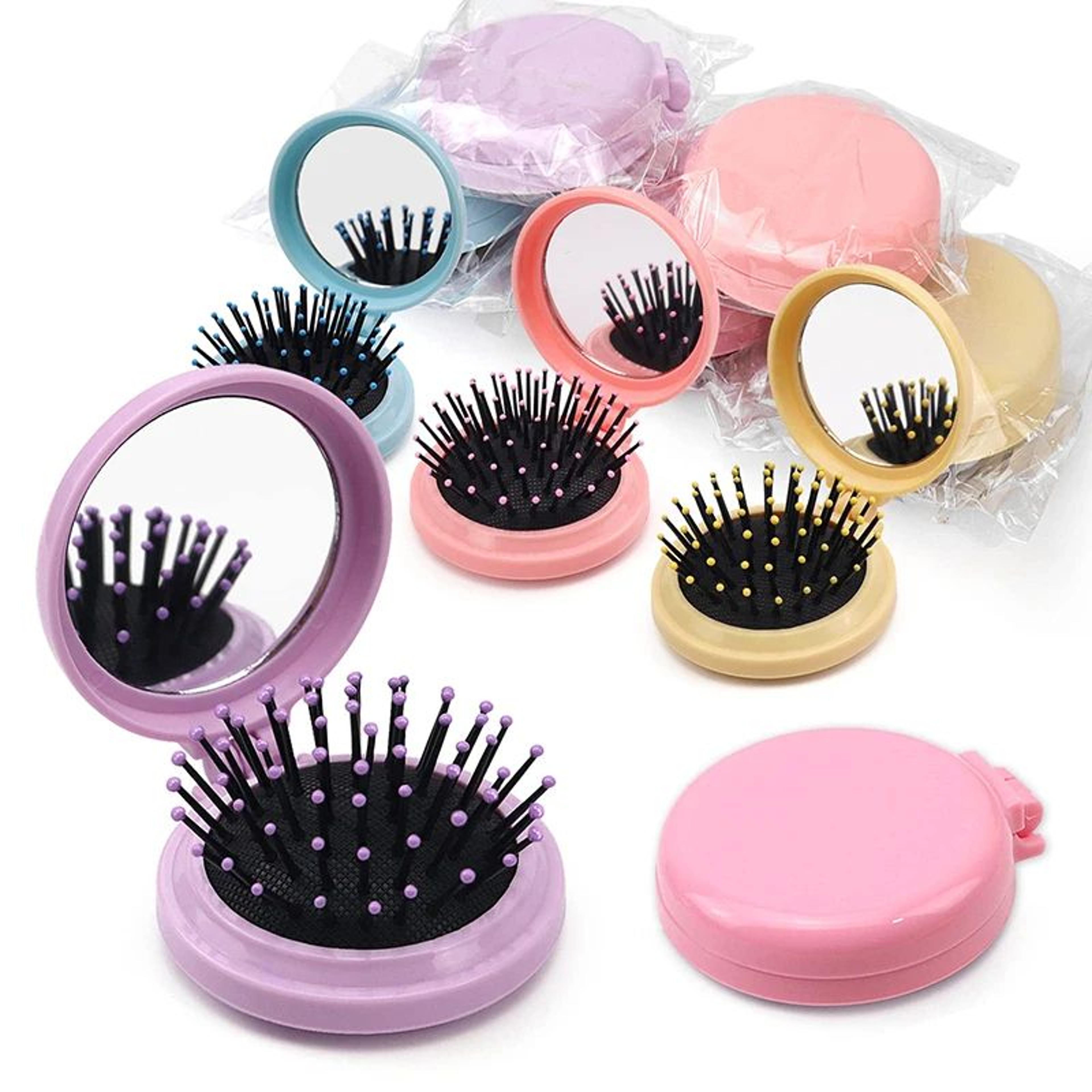 portable folding pocket hair brush with mirror – air cushion massage comb travel compact flip styling brush for purse