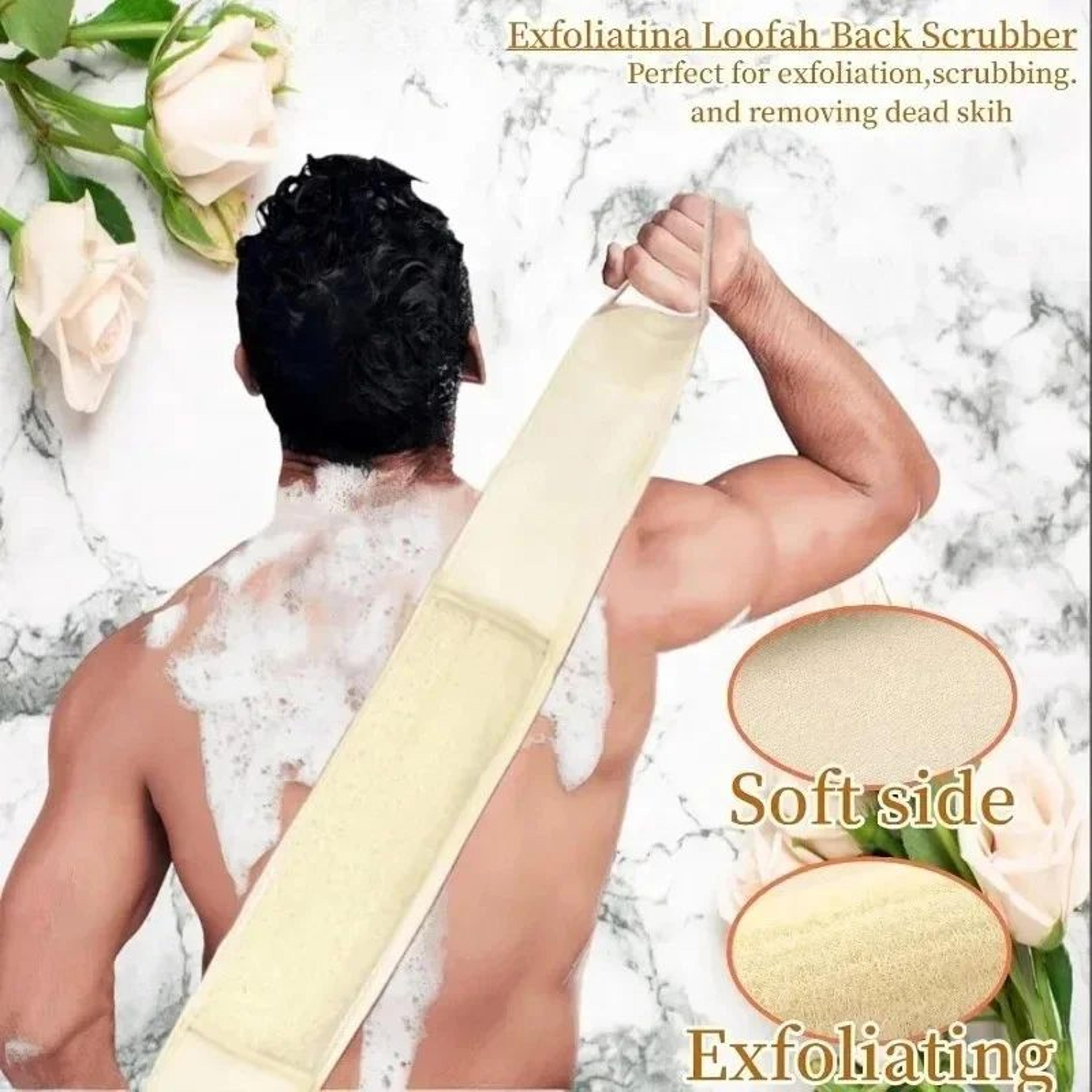 natural loofah back scrubber exfoliating massage strip with handles | long body cleaning belt for smooth soft skin