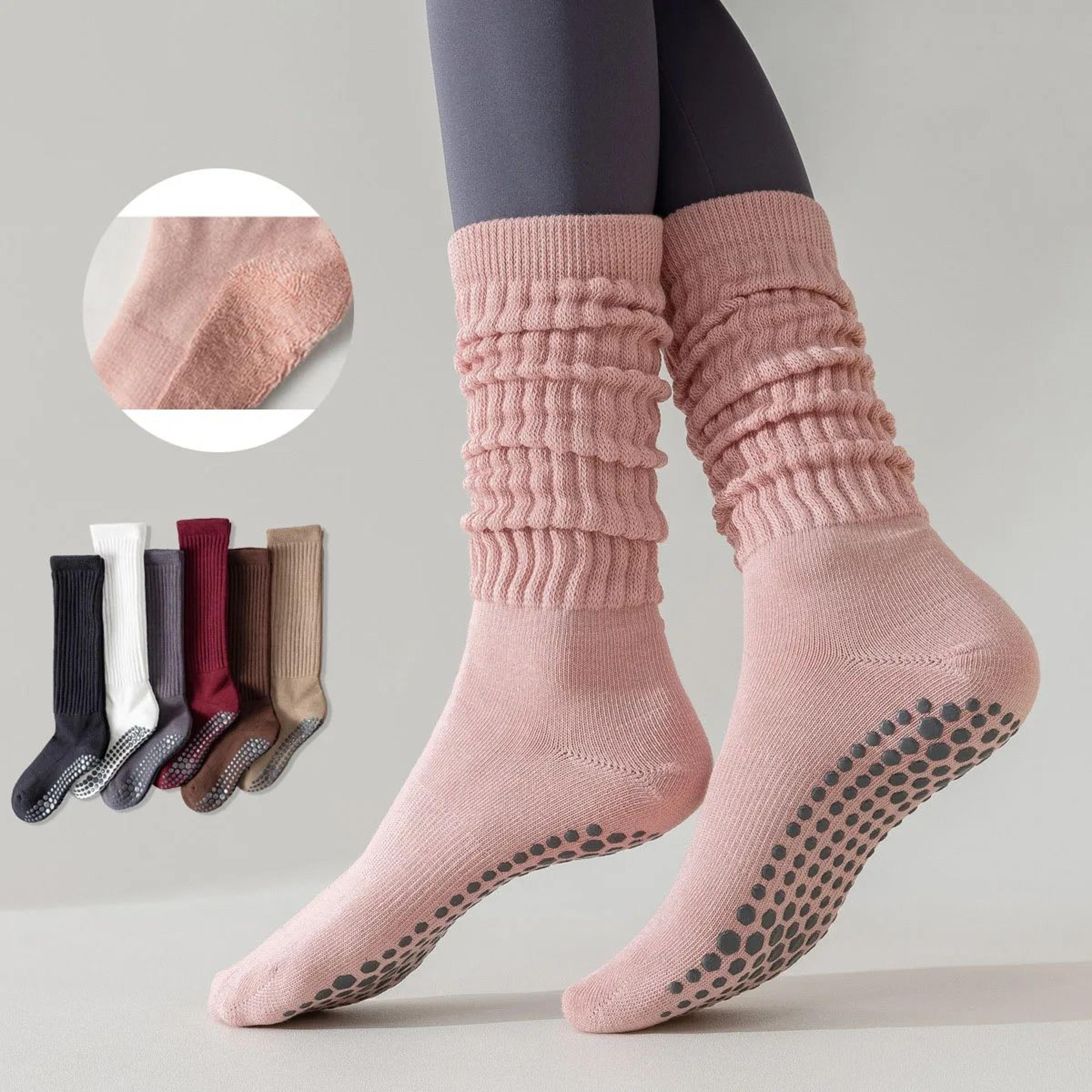 womens knee-high non-slip yoga socks – terry grip pilates slouch socks with silicone dots