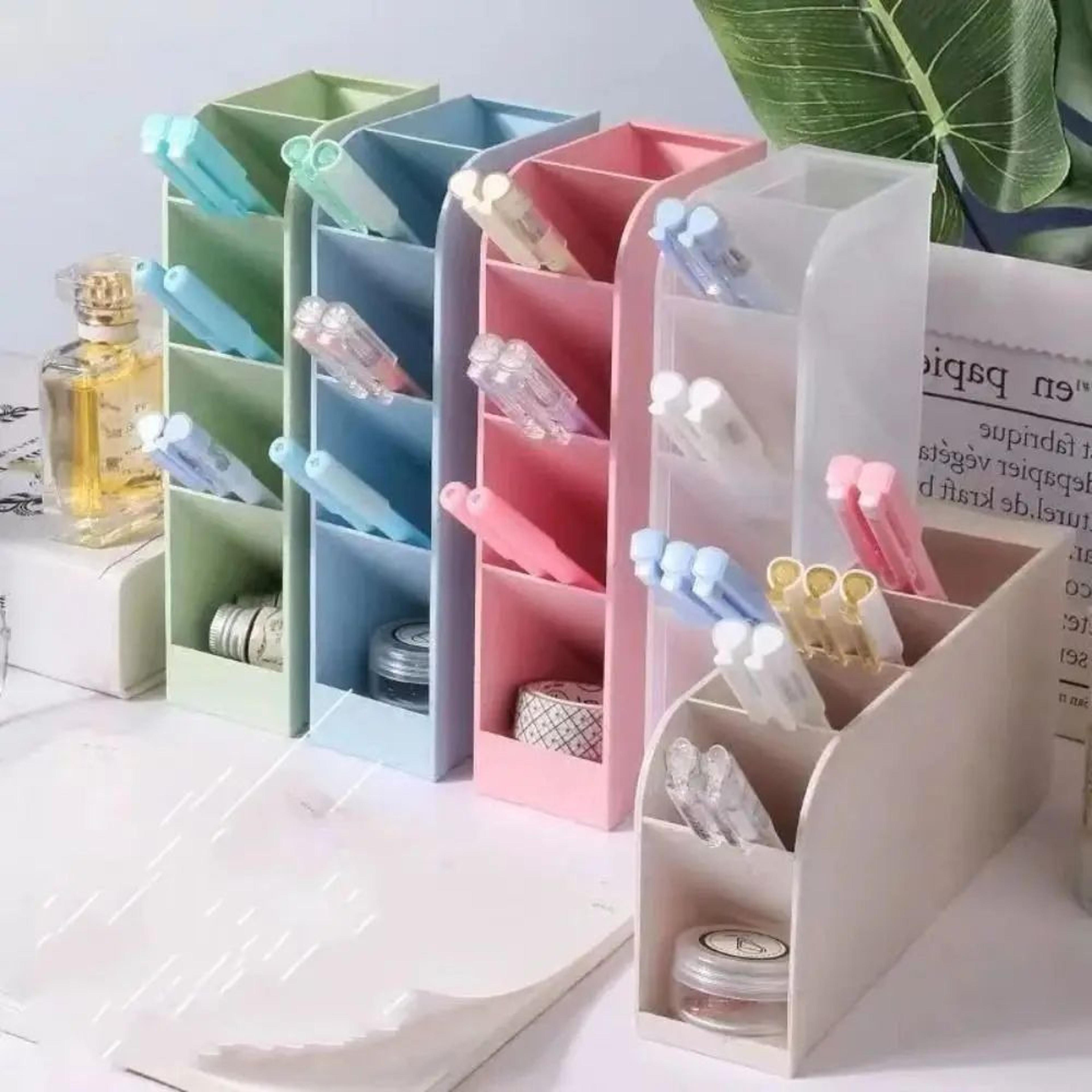 4-grid macaron oblique pen holder – colorful desktop stationery & makeup brush organizer box
