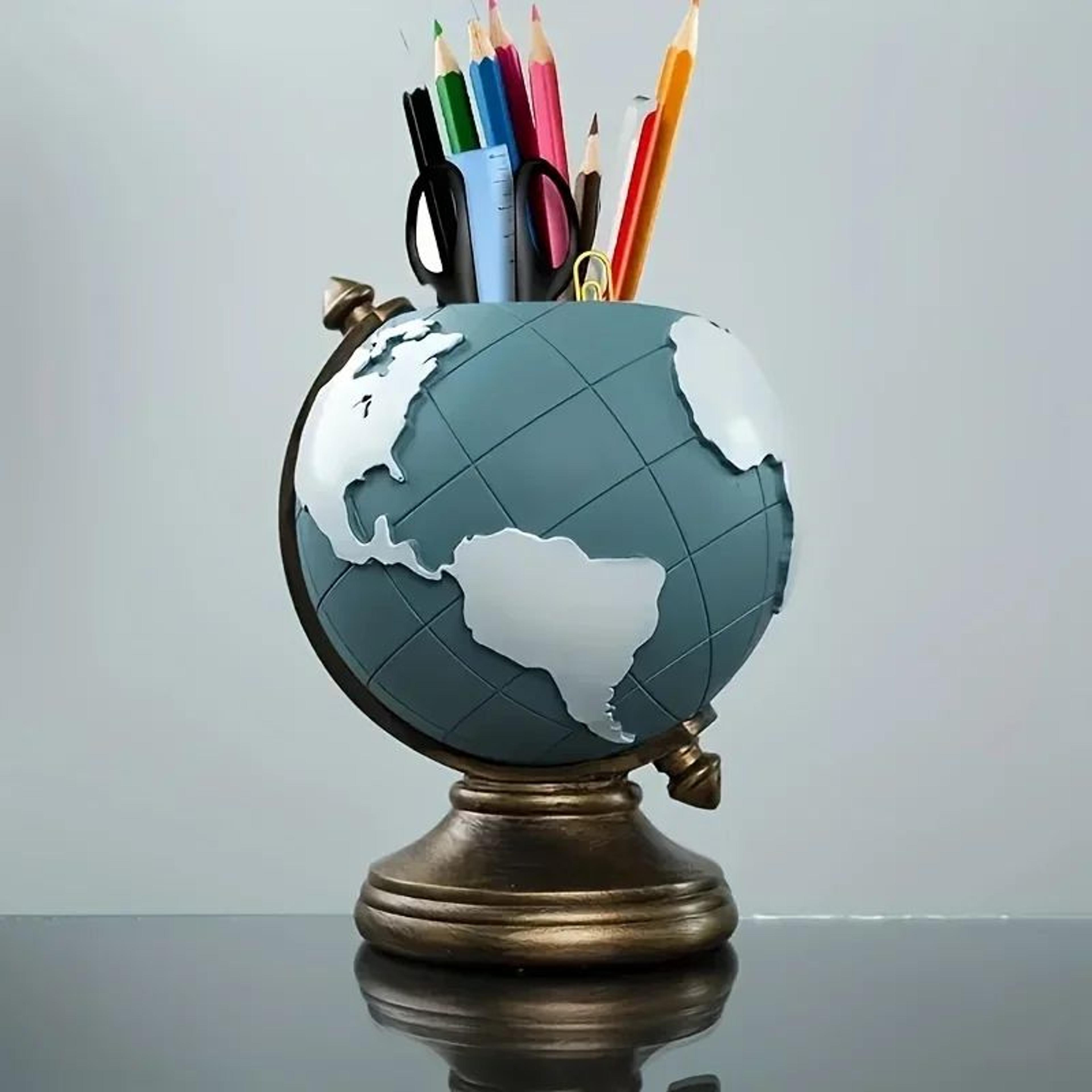 creative resin globe pen holder – unique geographic desk organizer for office & home decor