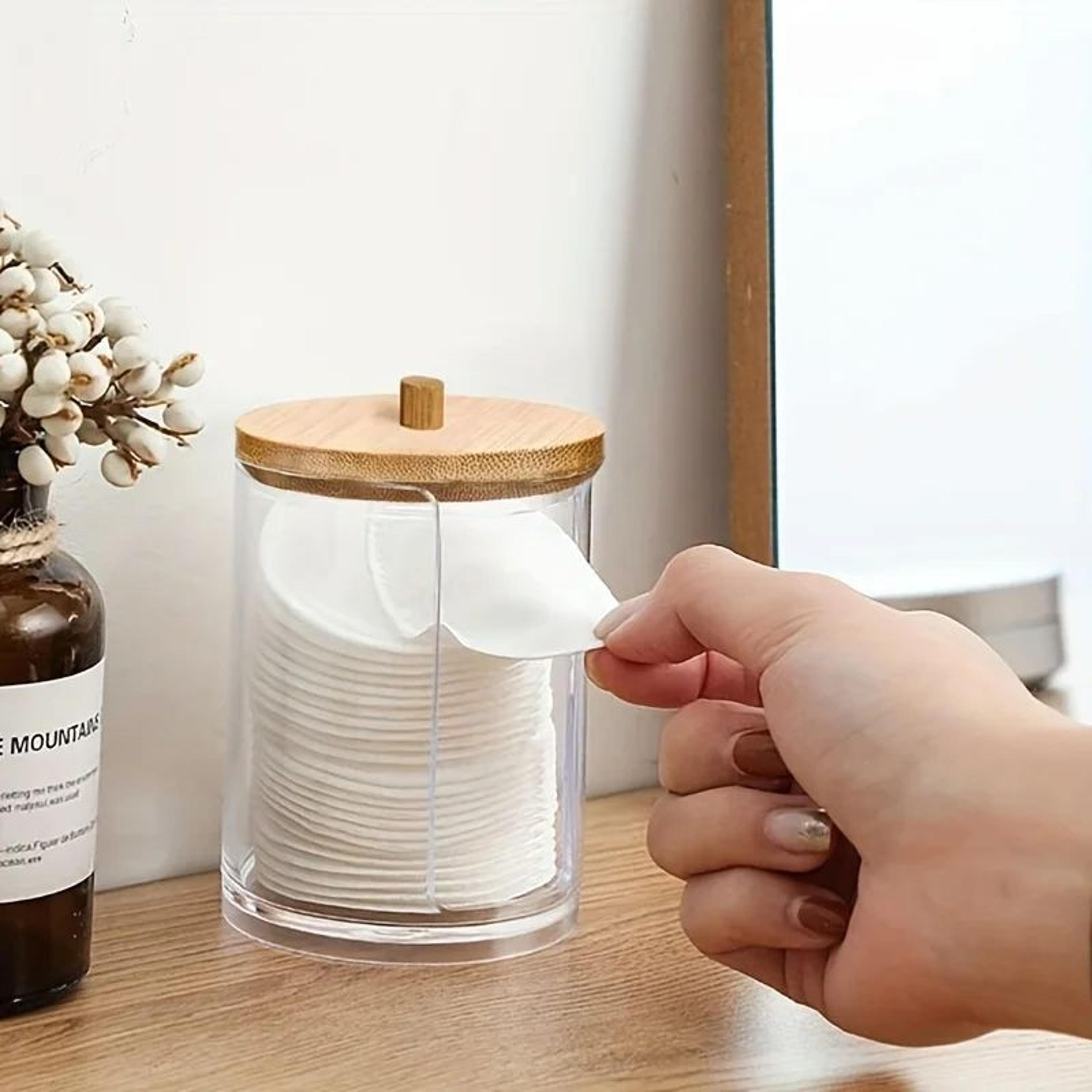 round clear acrylic makeup organizer – cotton pad & swab storage holder with lid