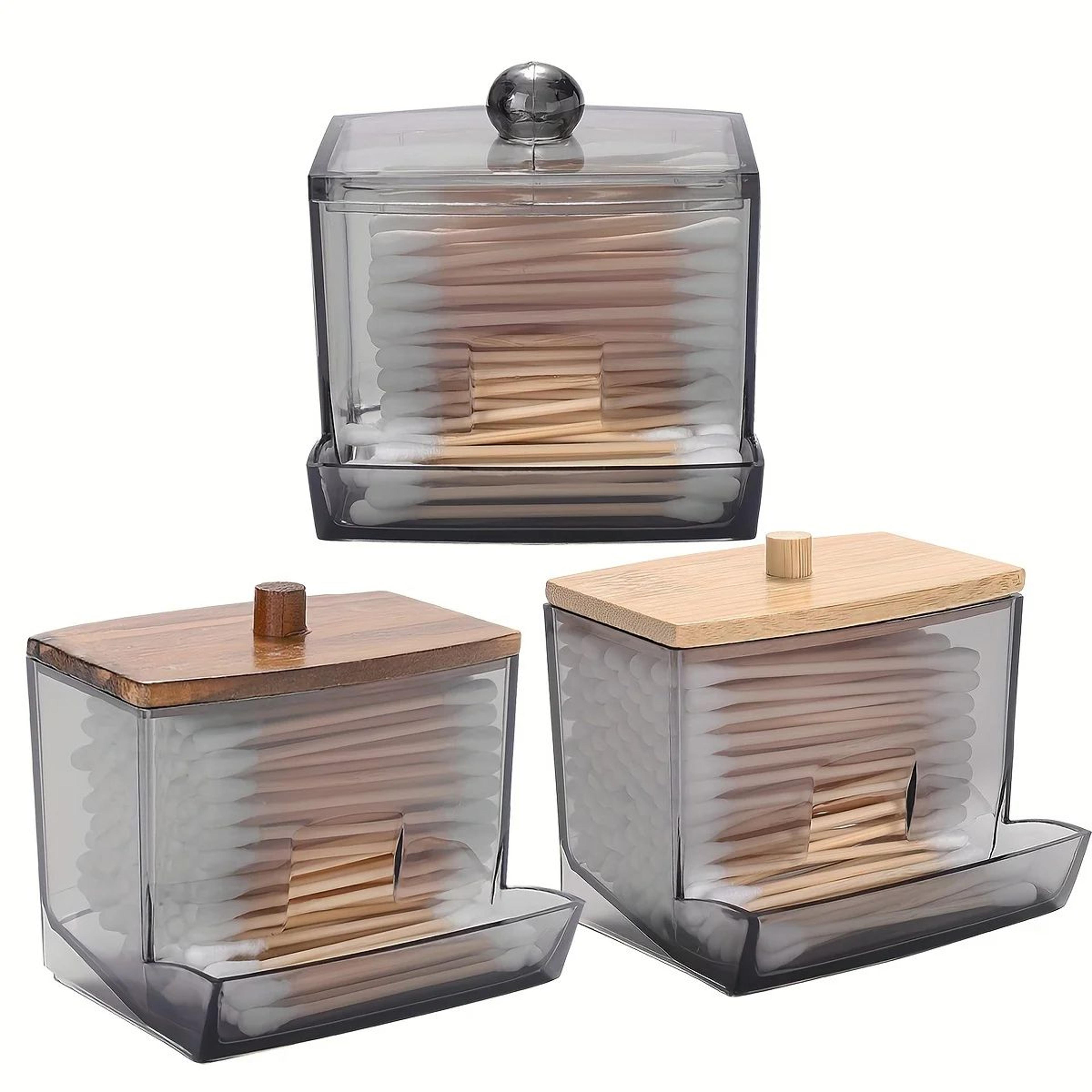 clear acrylic cotton swab holder with bamboo lid – bathroom q-tip dispenser canister