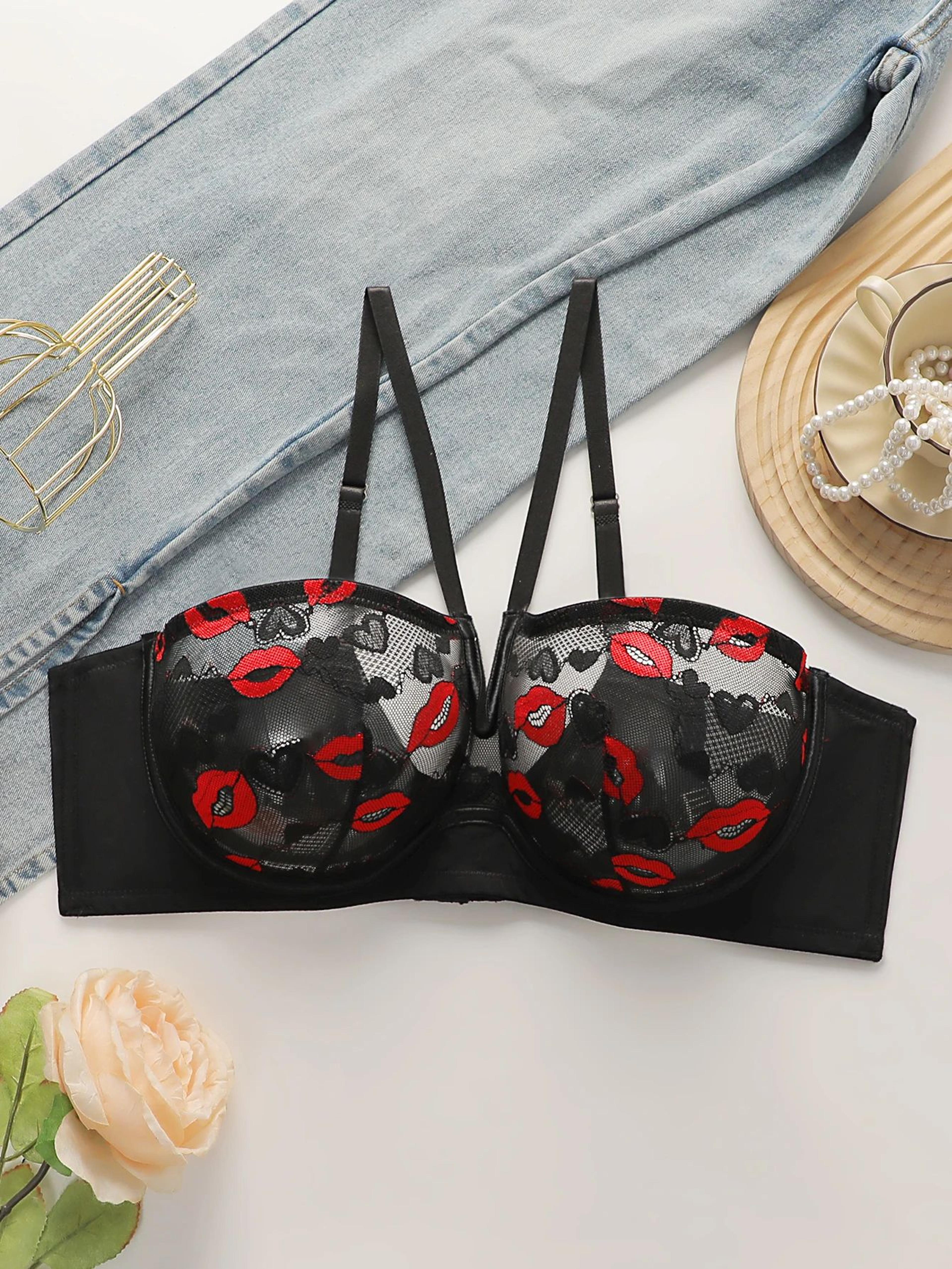 red lips heart lace halter bra – plus size deep v underwire push-up lingerie, mr3063
