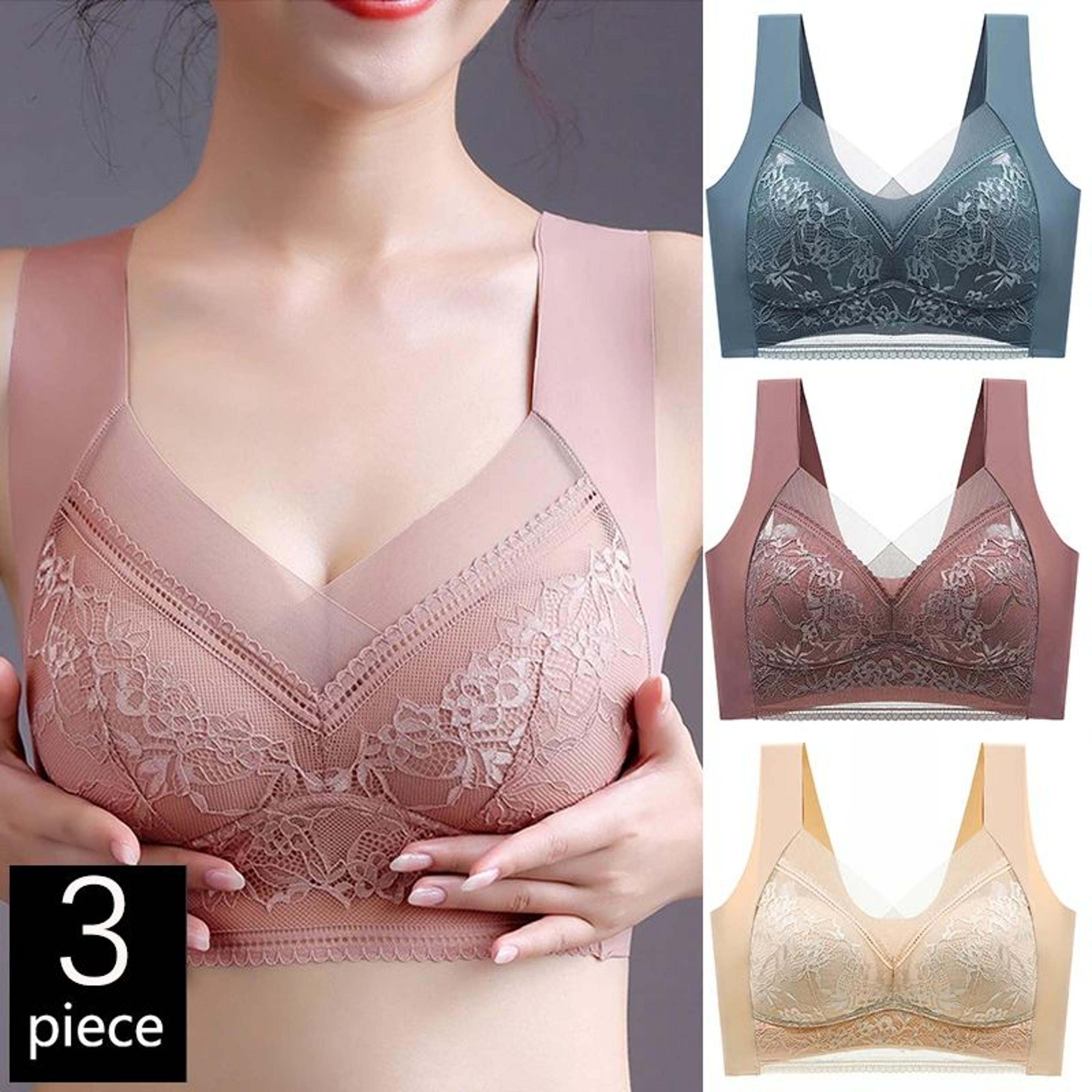 3pcs fallsweet ice silk deep v lace wireless push-up bra set – l–5xl