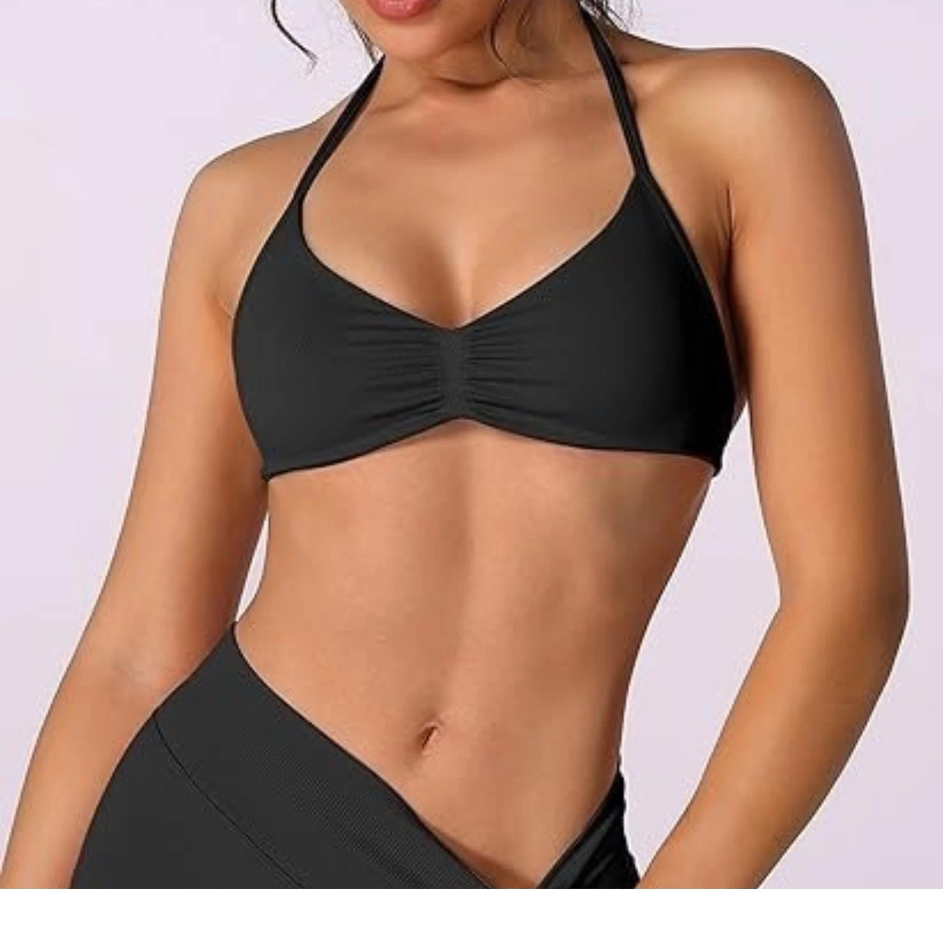 high support strappy halter sports bra top – seamless scrunch yoga workout tank