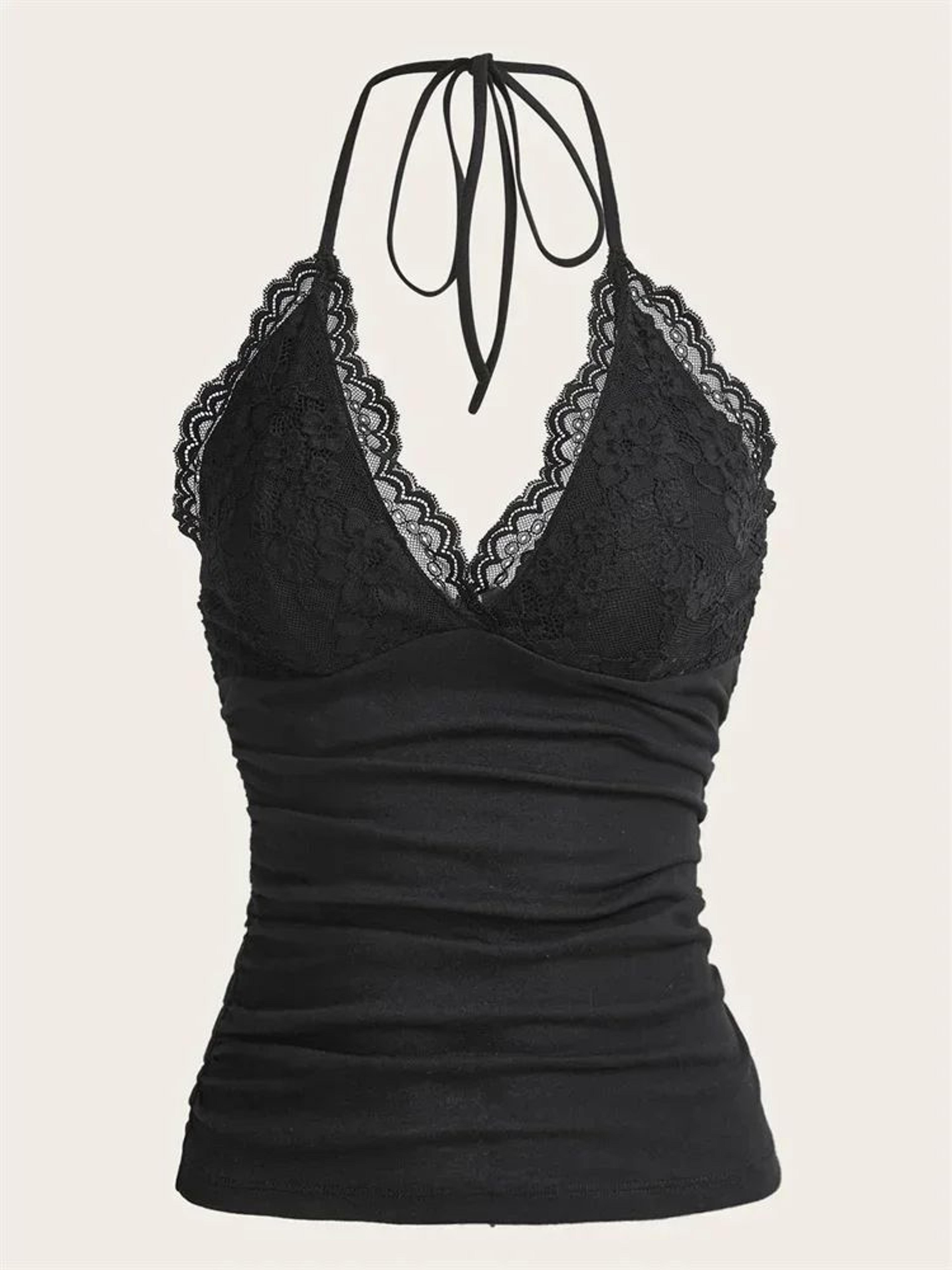 lace v-neck halter backless crop top – ruched y2k grunge goth cami