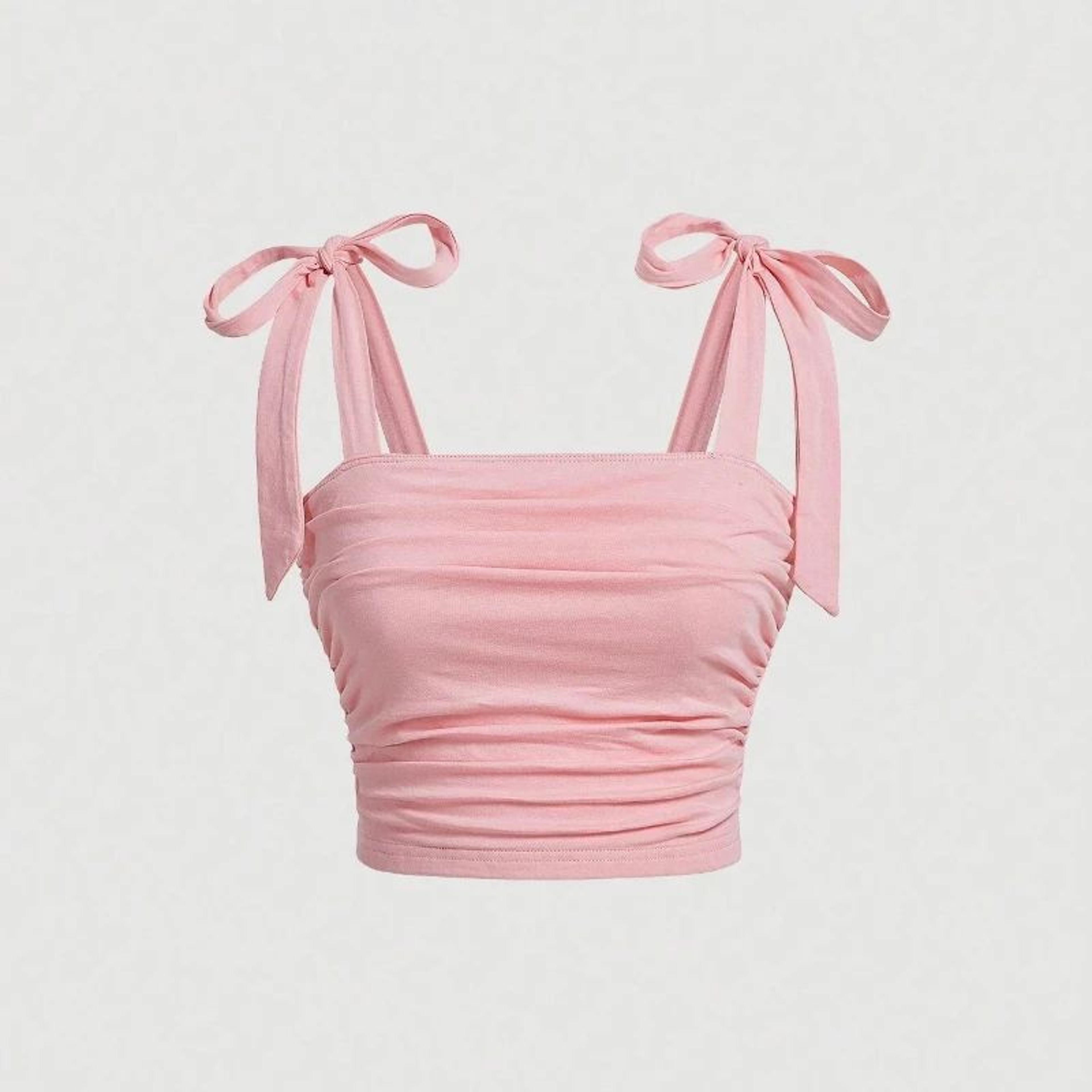 solid tie shoulder ruched crop cami – y2k backless bow streetwear top