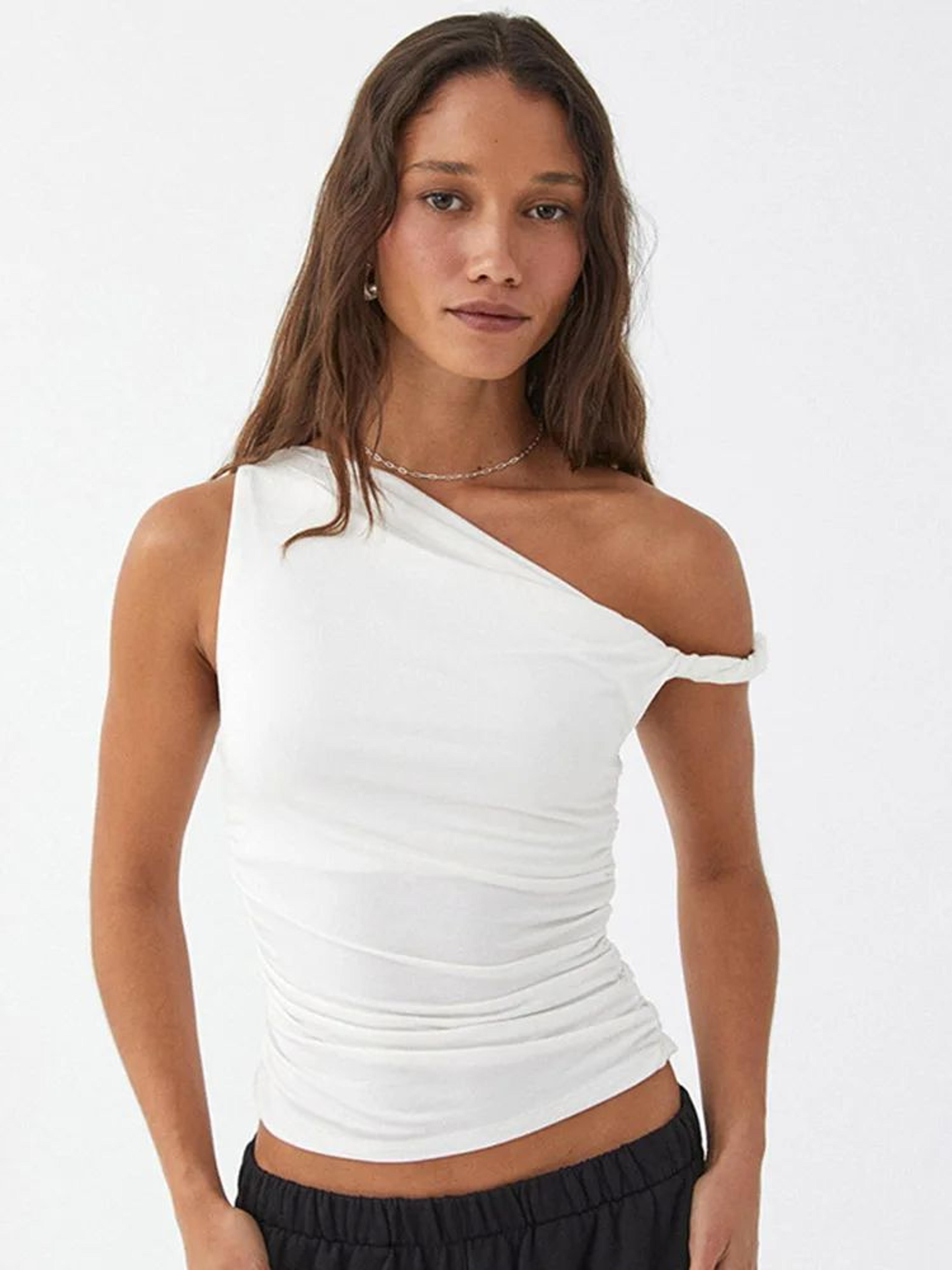 off-shoulder ruched crop tank top – casual summer sleeveless blouse for women