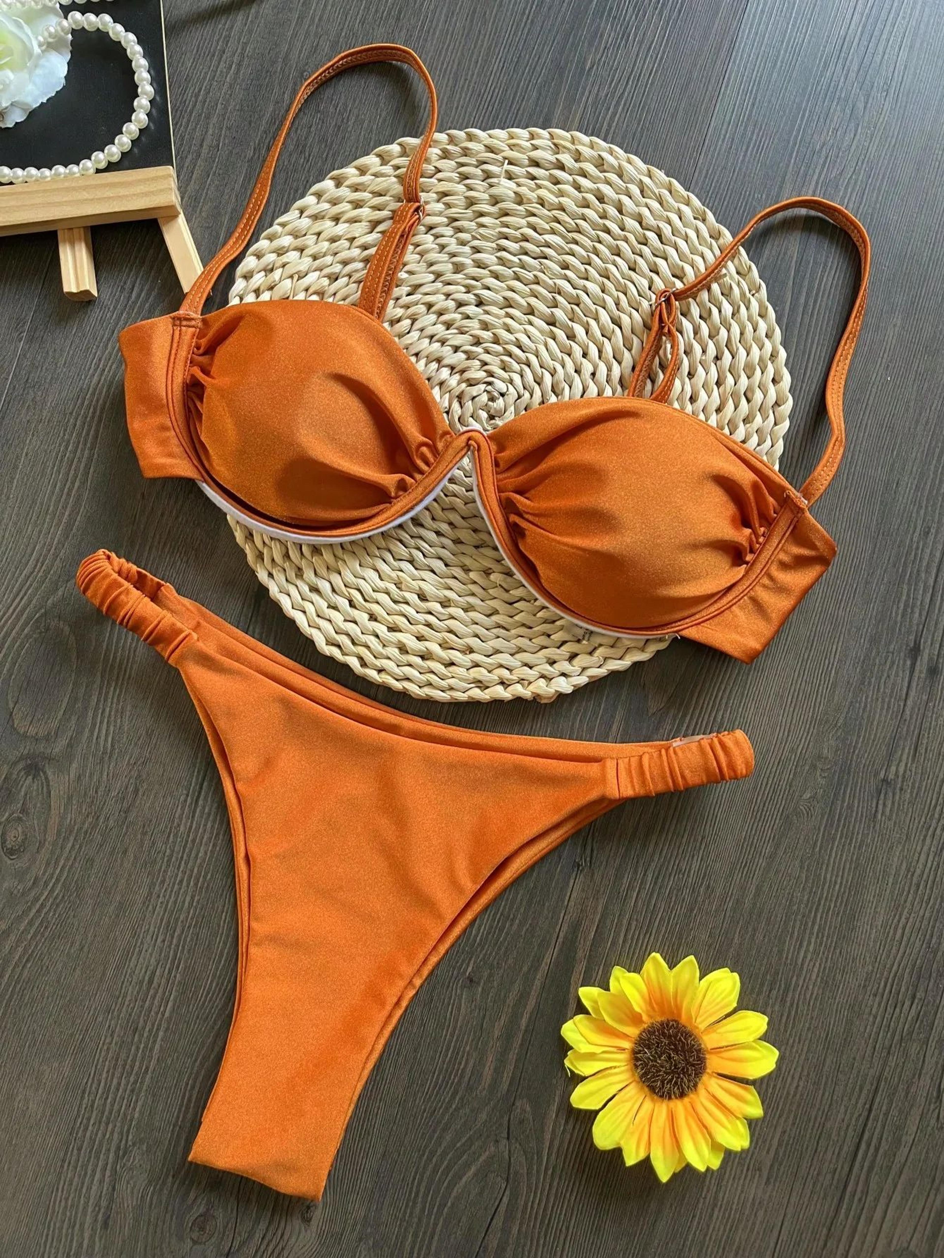 2025 3d flower v-wire micro bikini set – underwired pleated thong swimsuit for women