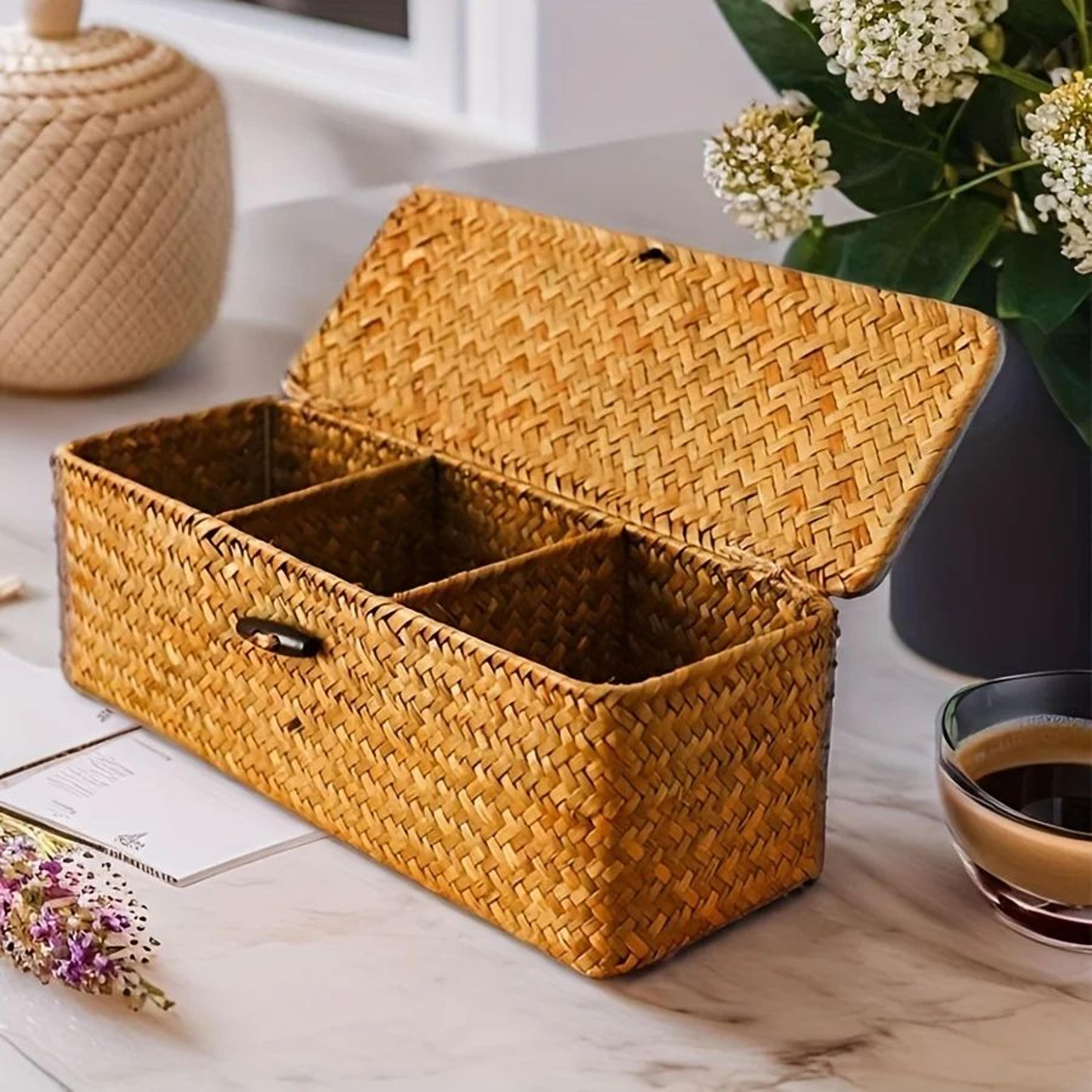 vintage woven partitioned storage box – handcrafted rectangular shelf organizer basket for home organization