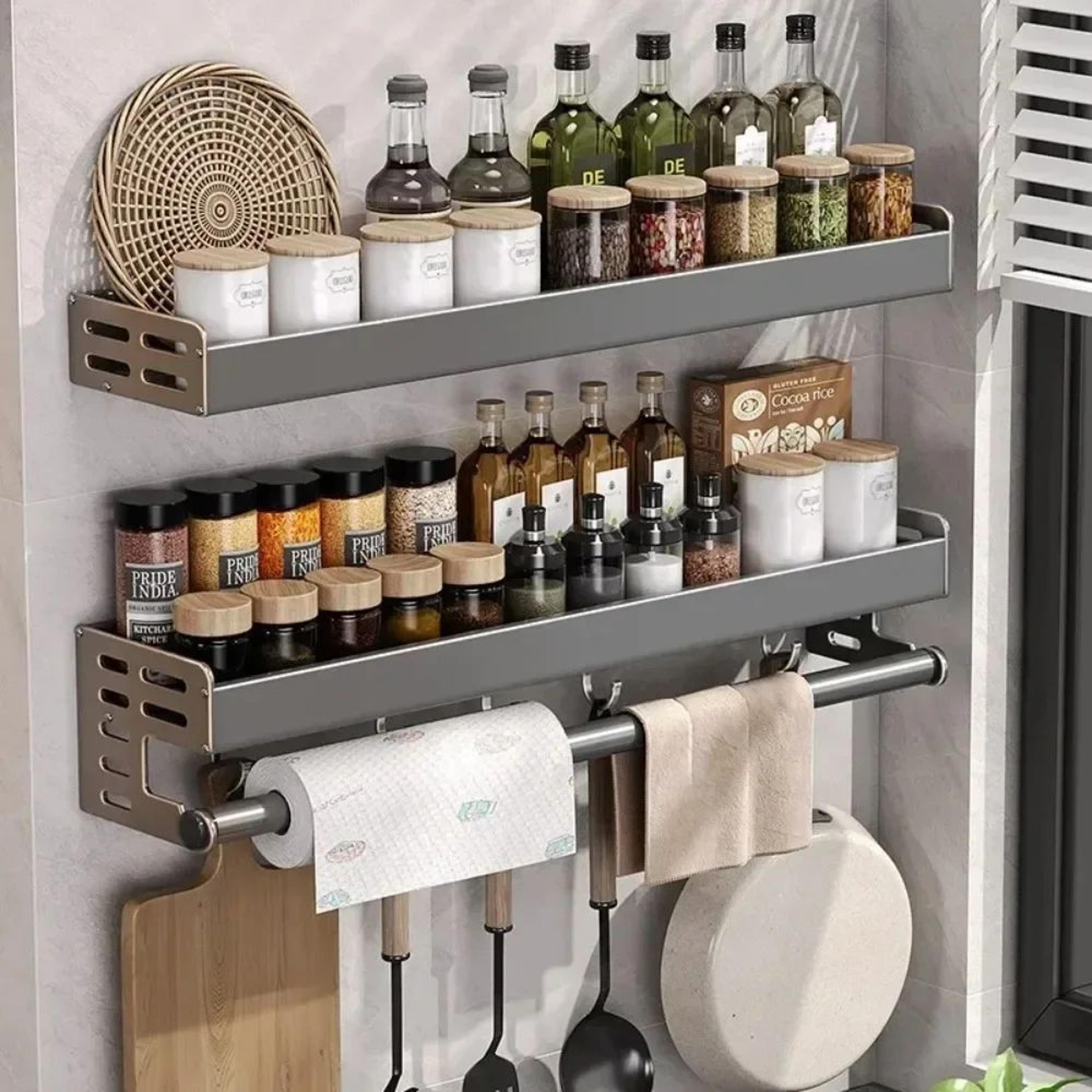 aeromount space aluminum wall kitchen storage rack – waterproof no-drill seasoning & knife holder shelf