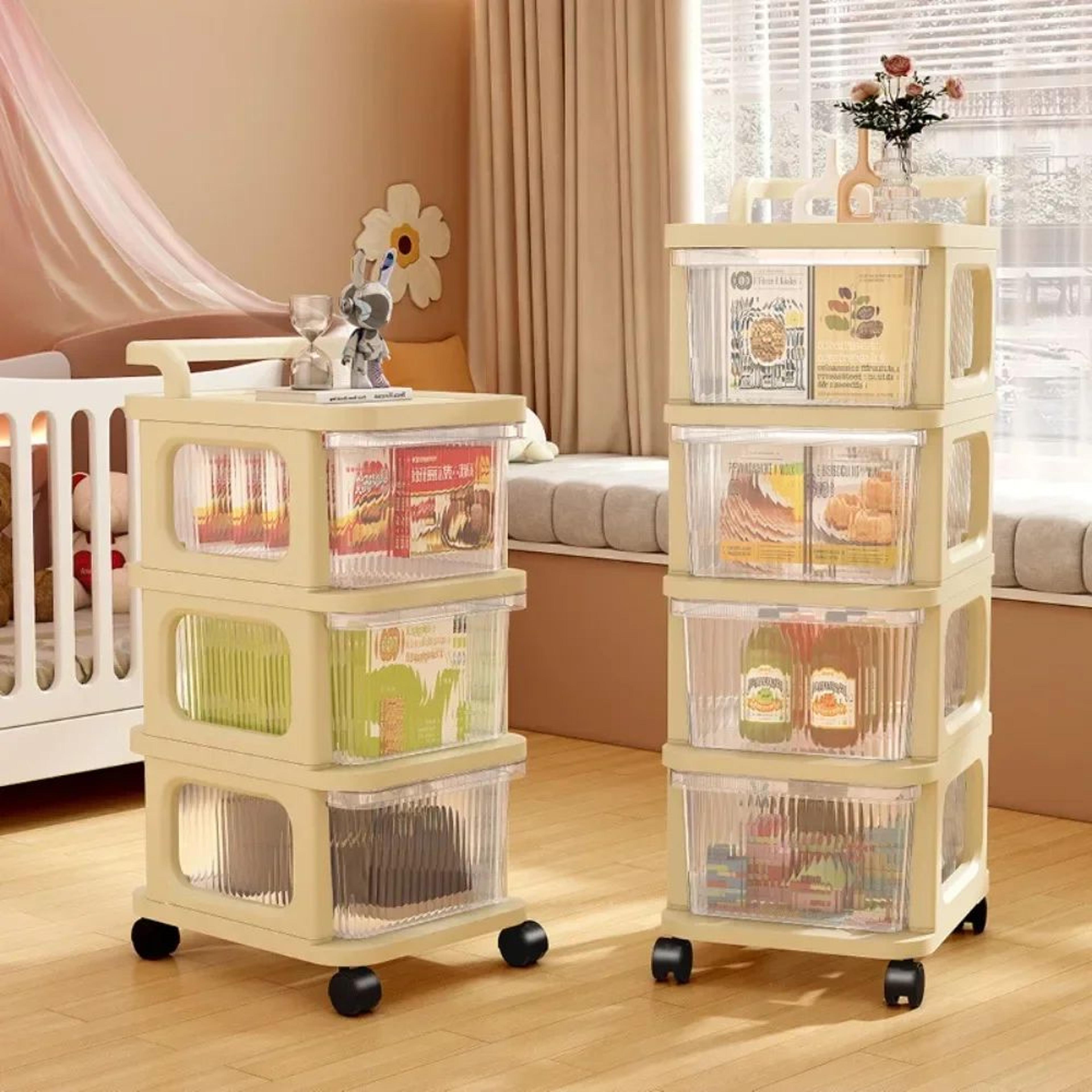 clearglide multi-tier transparent rolling storage cart – acrylic style drawer snack & toy organizer