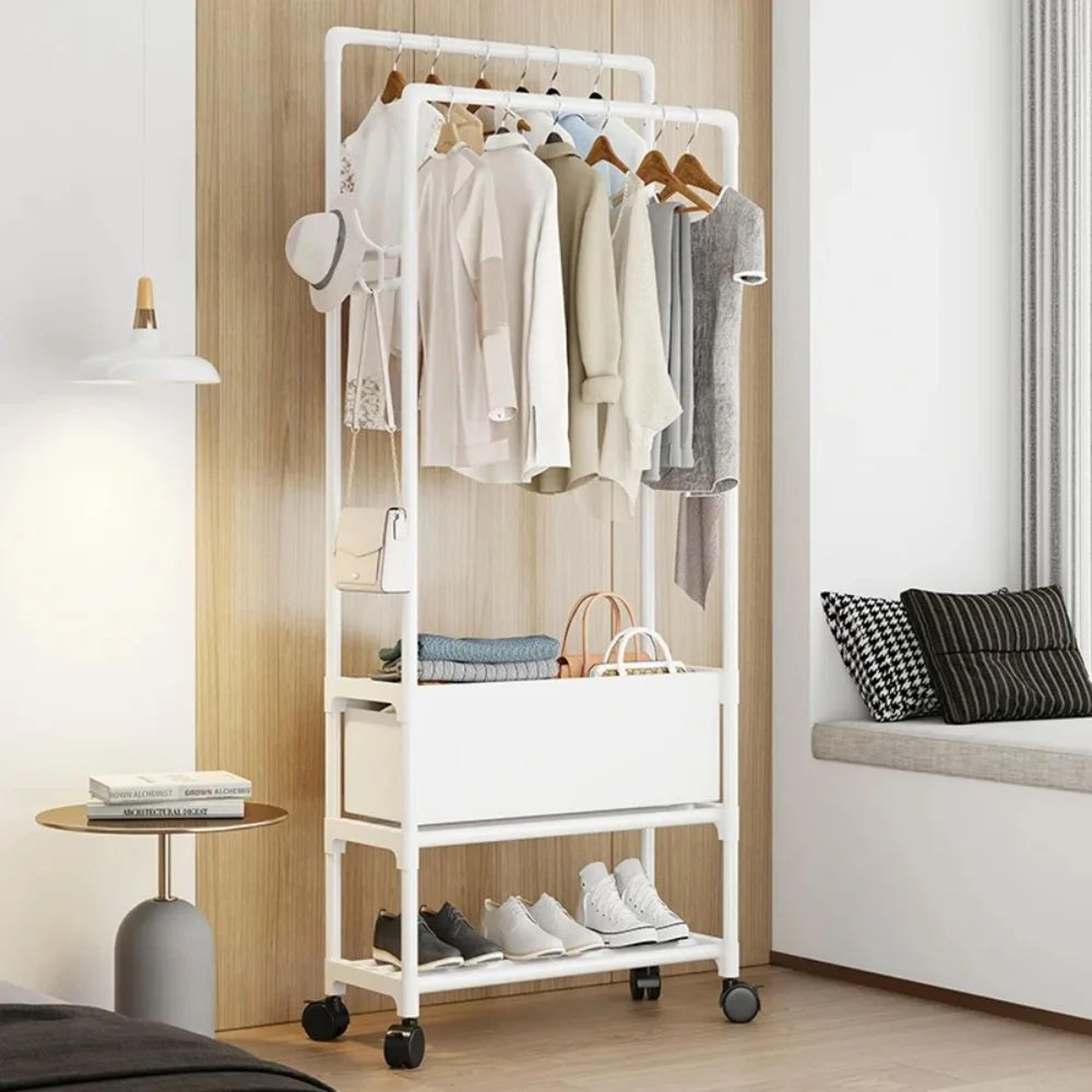 urbanglide double pole coat rack with shelves – rolling entryway garment rack with multi-layer storage