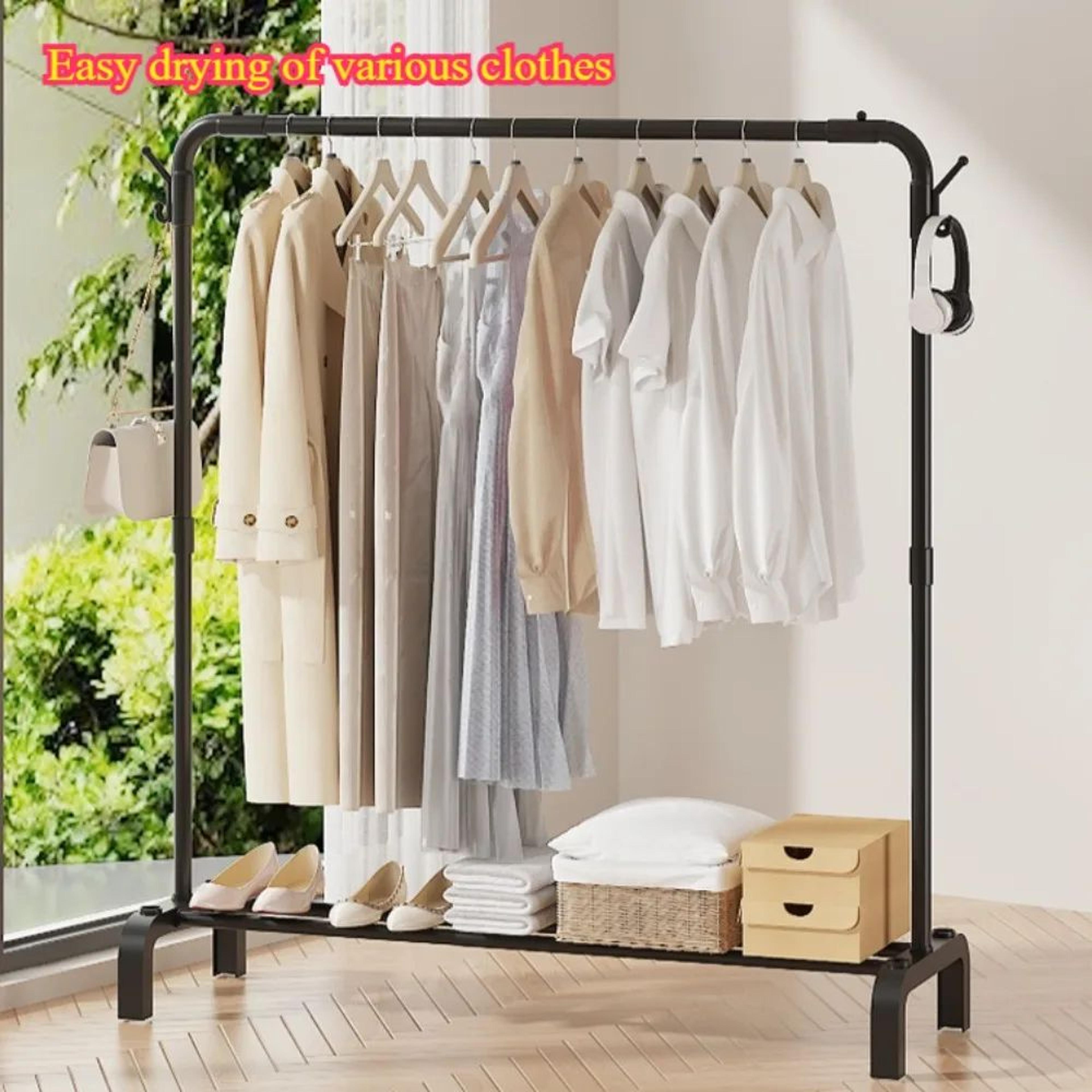 detachable metal clothes rack – floor standing garment & drying rack with side hooks