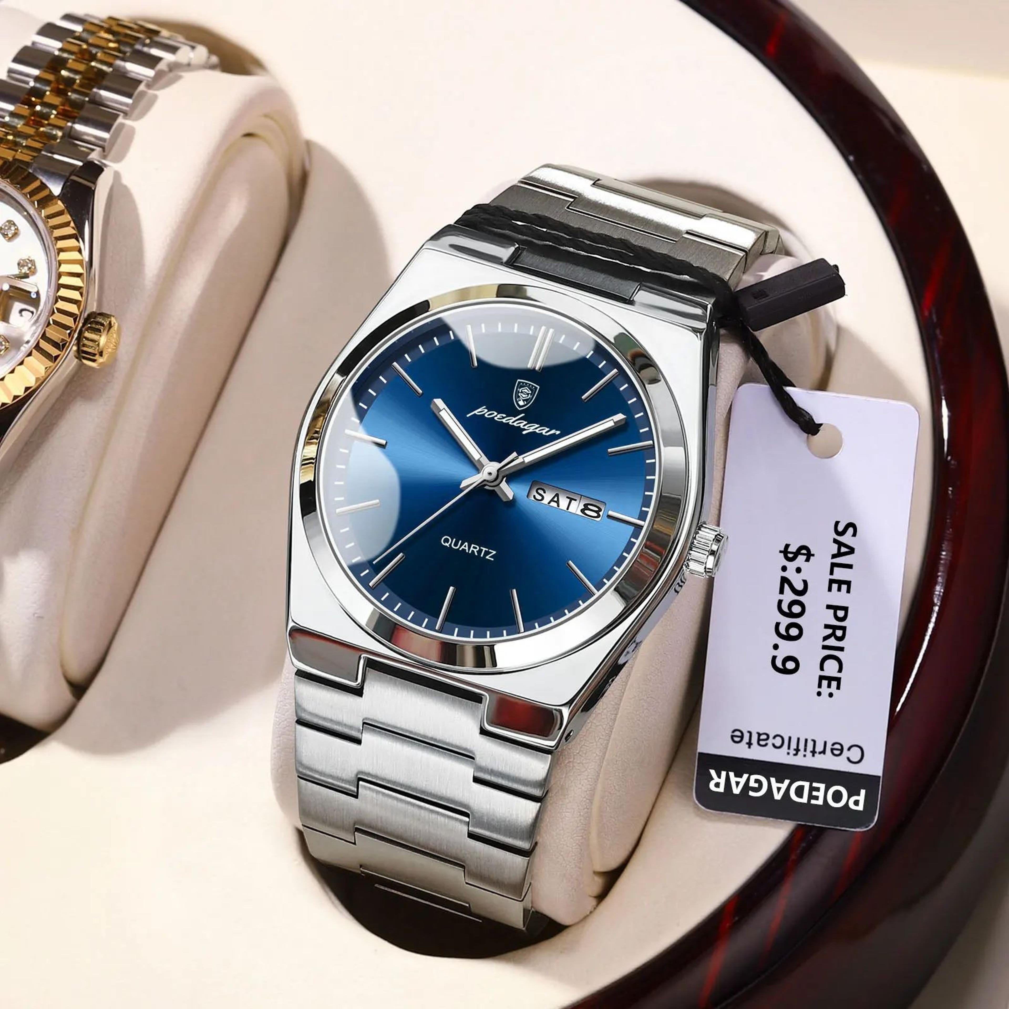 poedagar luxury waterproof luminous men's quartz watch – stainless steel date & week business timepiece with gift box
