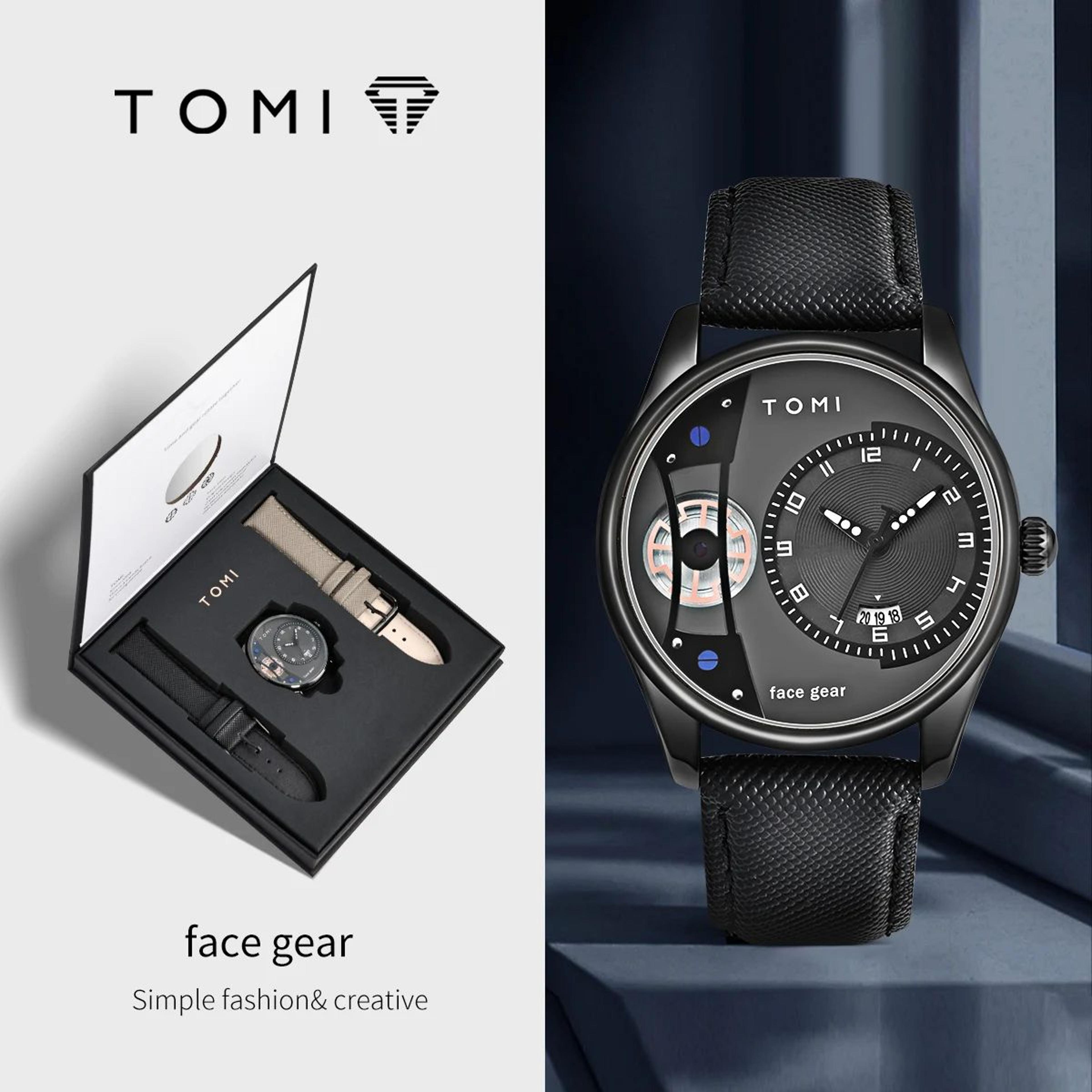 tomi executive minimalist men's quartz watch gift set with double detachable straps