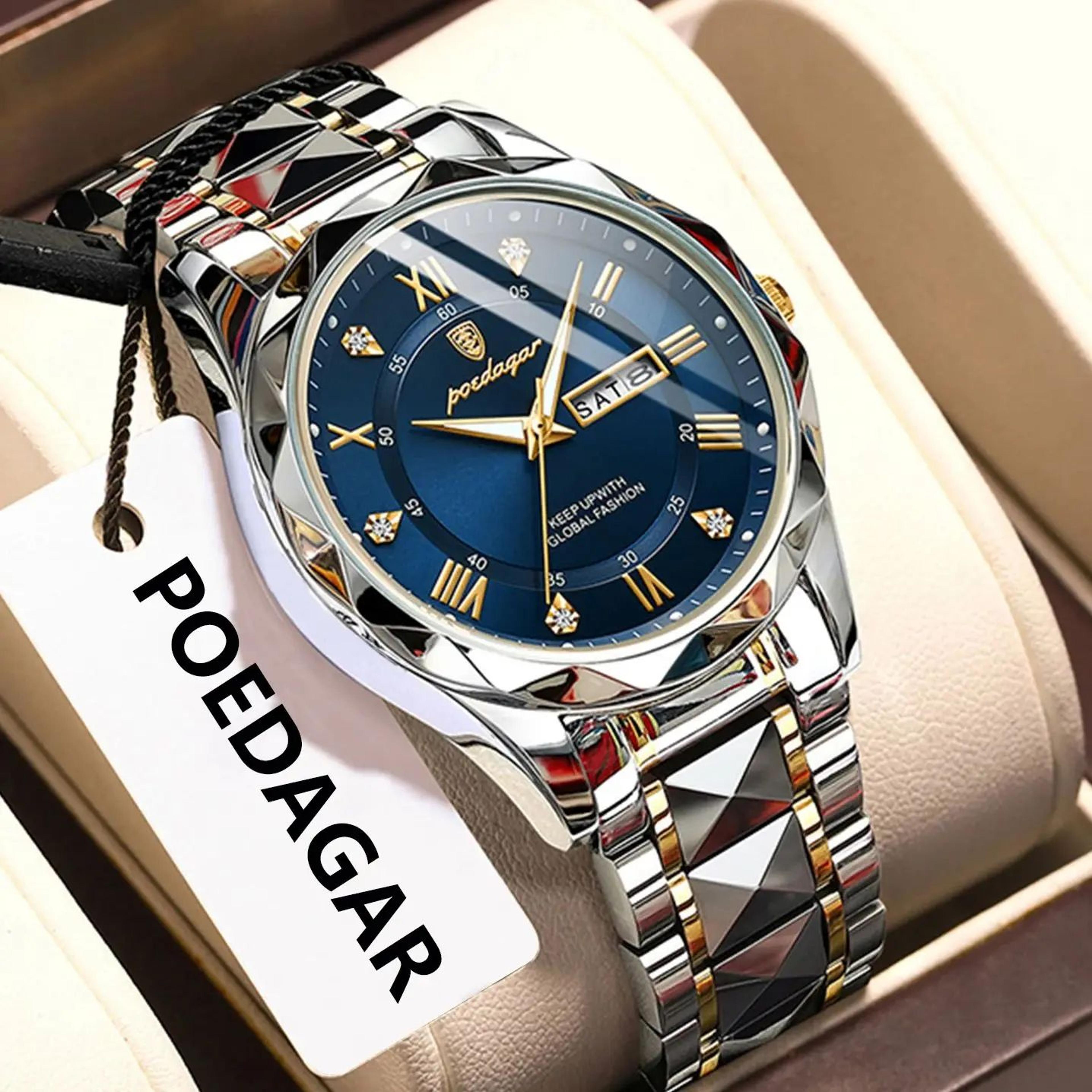poedagar 615 luxury waterproof stainless steel men's quartz watch with luminous date & week display