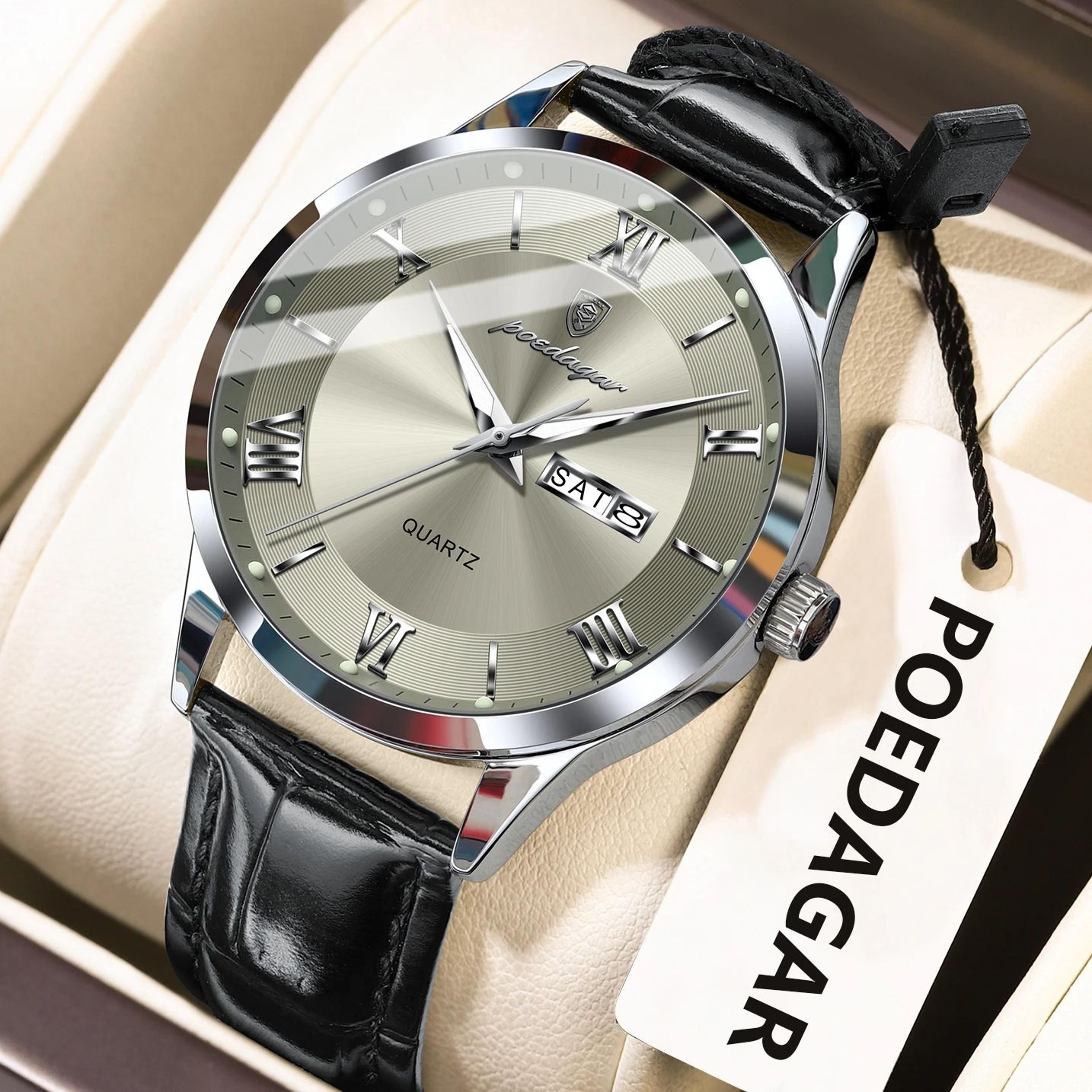poedagar 978 luxury business men's leather quartz watch with luminous date & week display