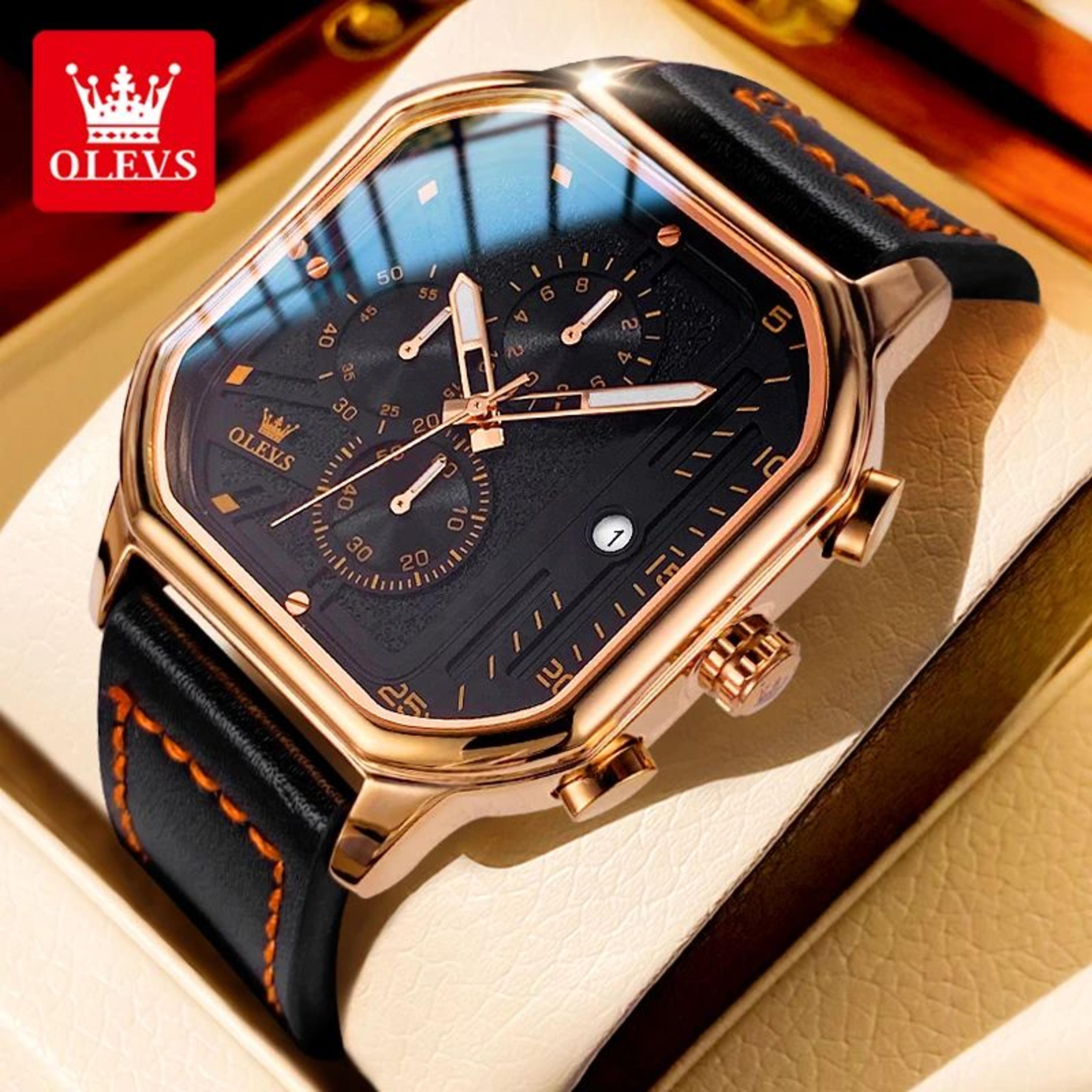 olevs 9950 luxury square chronograph men's quartz watch with luminous leather strap
