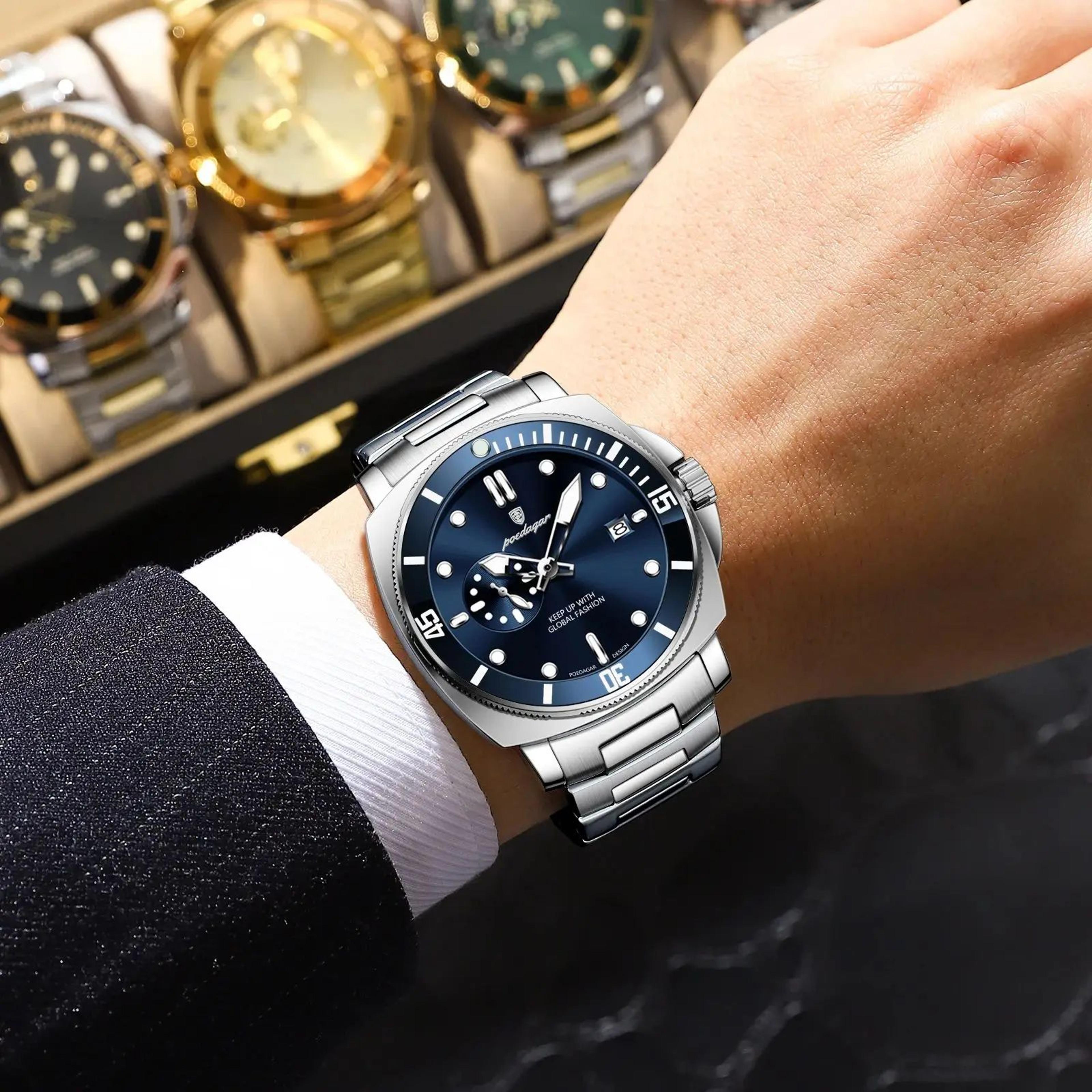 poedagar luxury waterproof men's quartz watch with luminous date & dual time