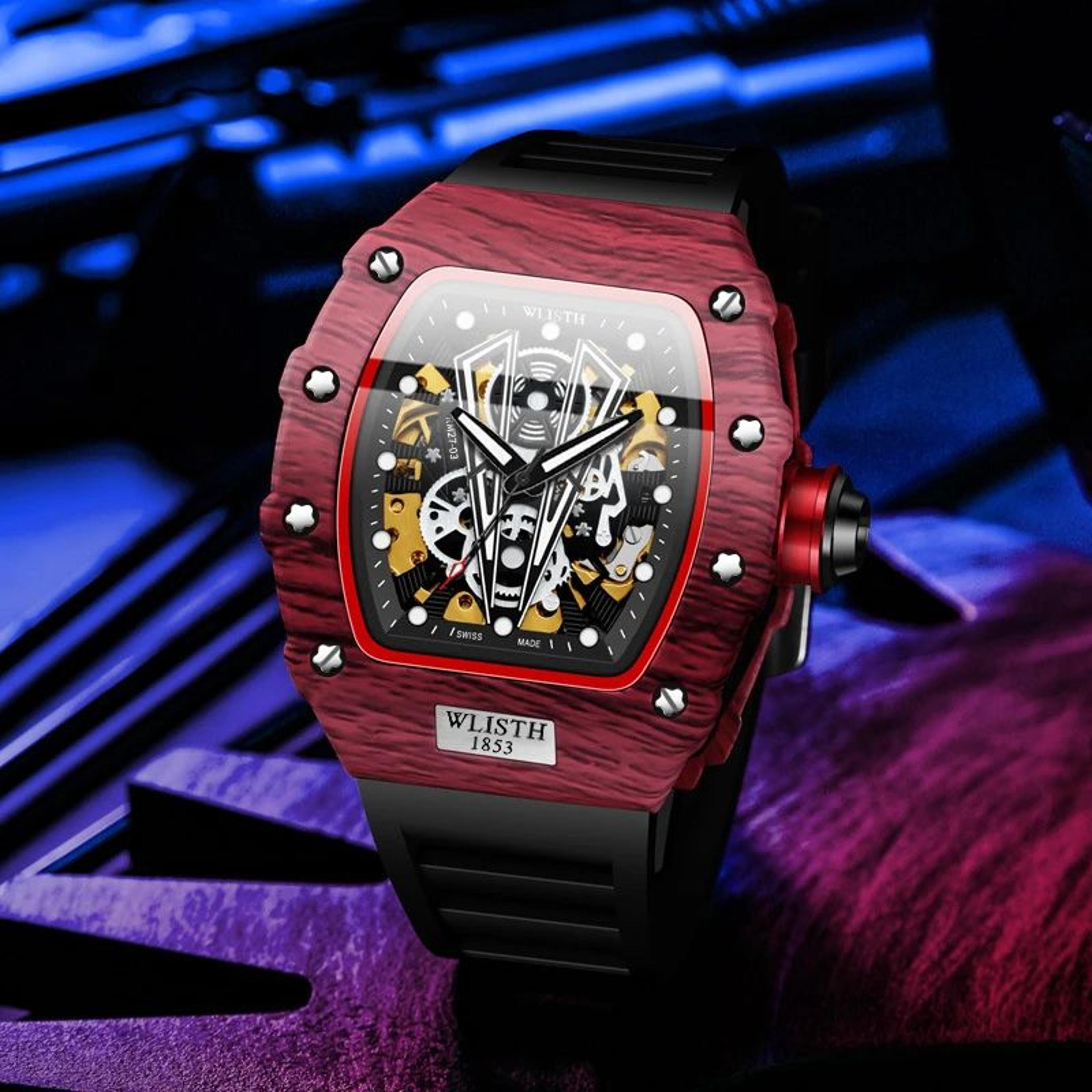 wlisth barrel skeleton automatic men's mechanical watch with luminous dial