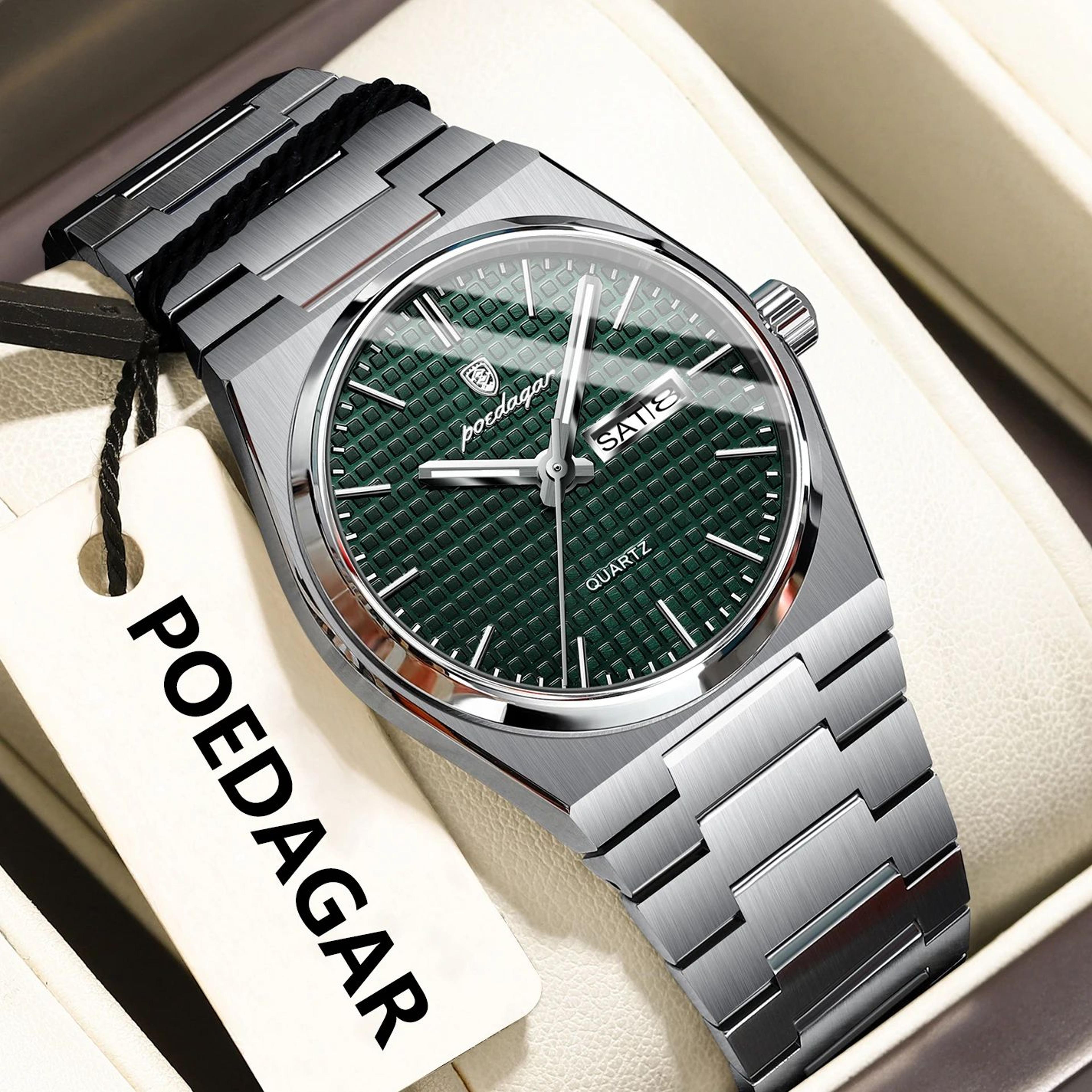 poedagar luxury stainless steel waterproof men's quartz watch with luminous date & week