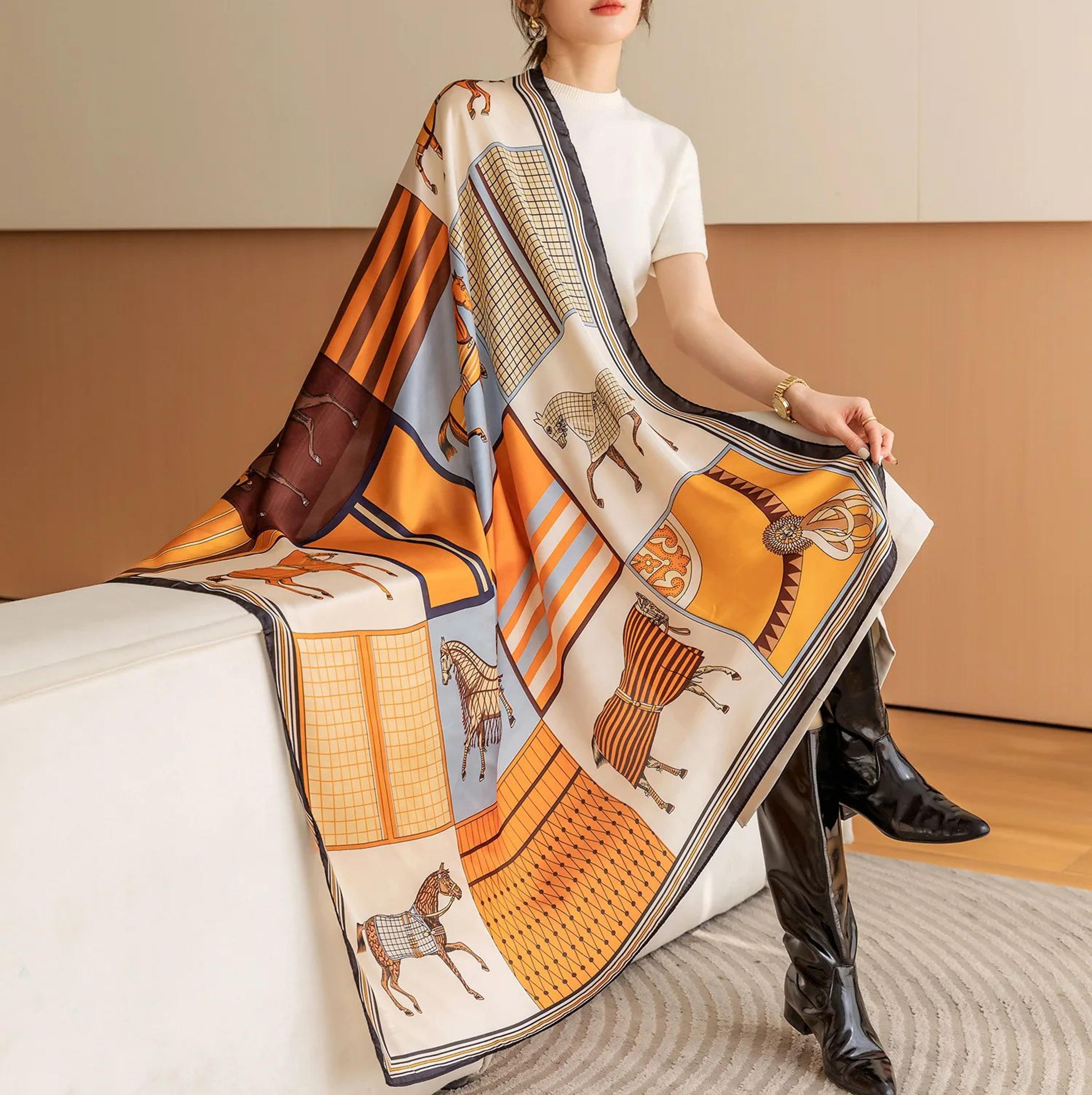 luxury horse print square scarf for women – vintage silk-like animal shawl head wrap