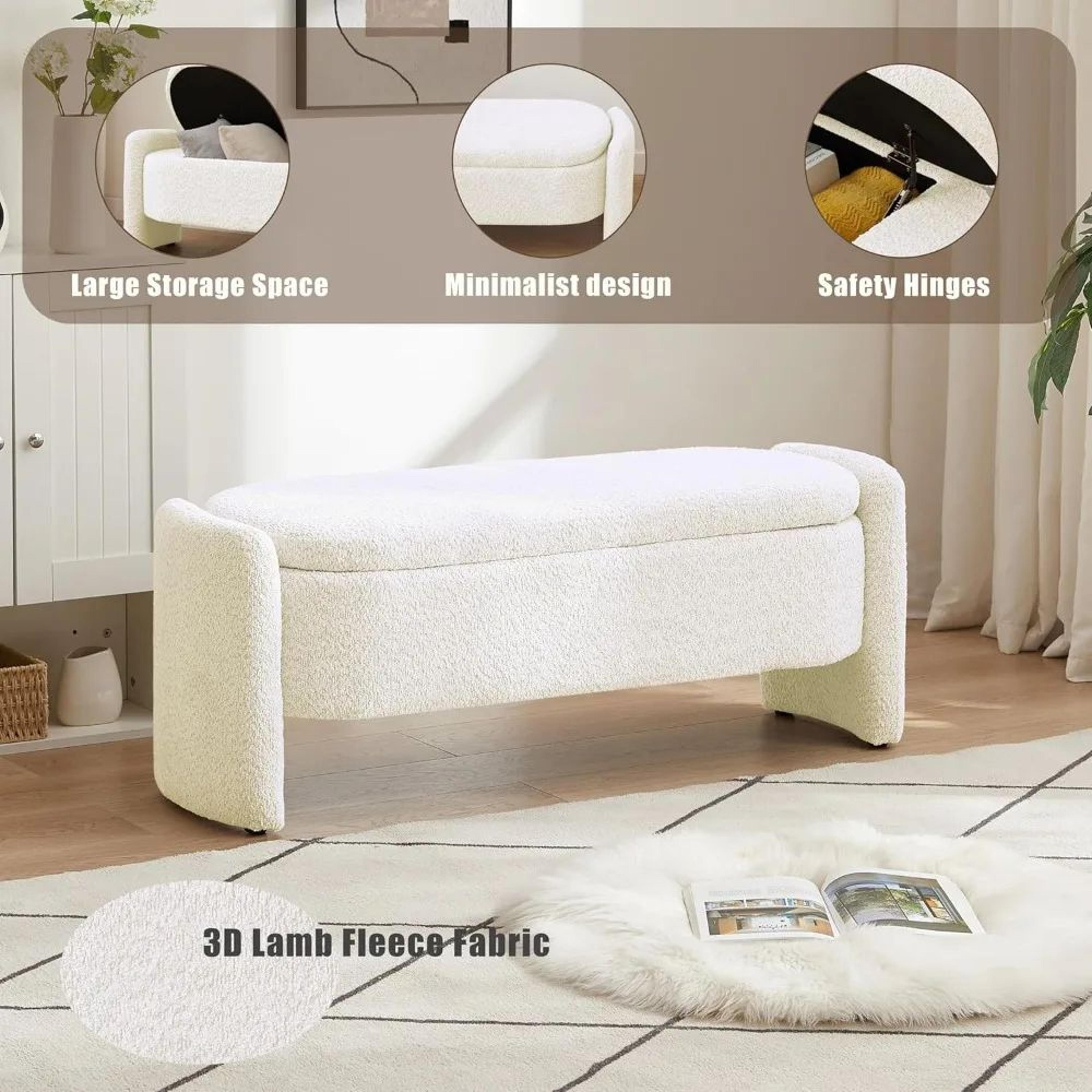 modern lamb fleece storage ottoman bench – 47in upholstered bedroom & living room storage seat
