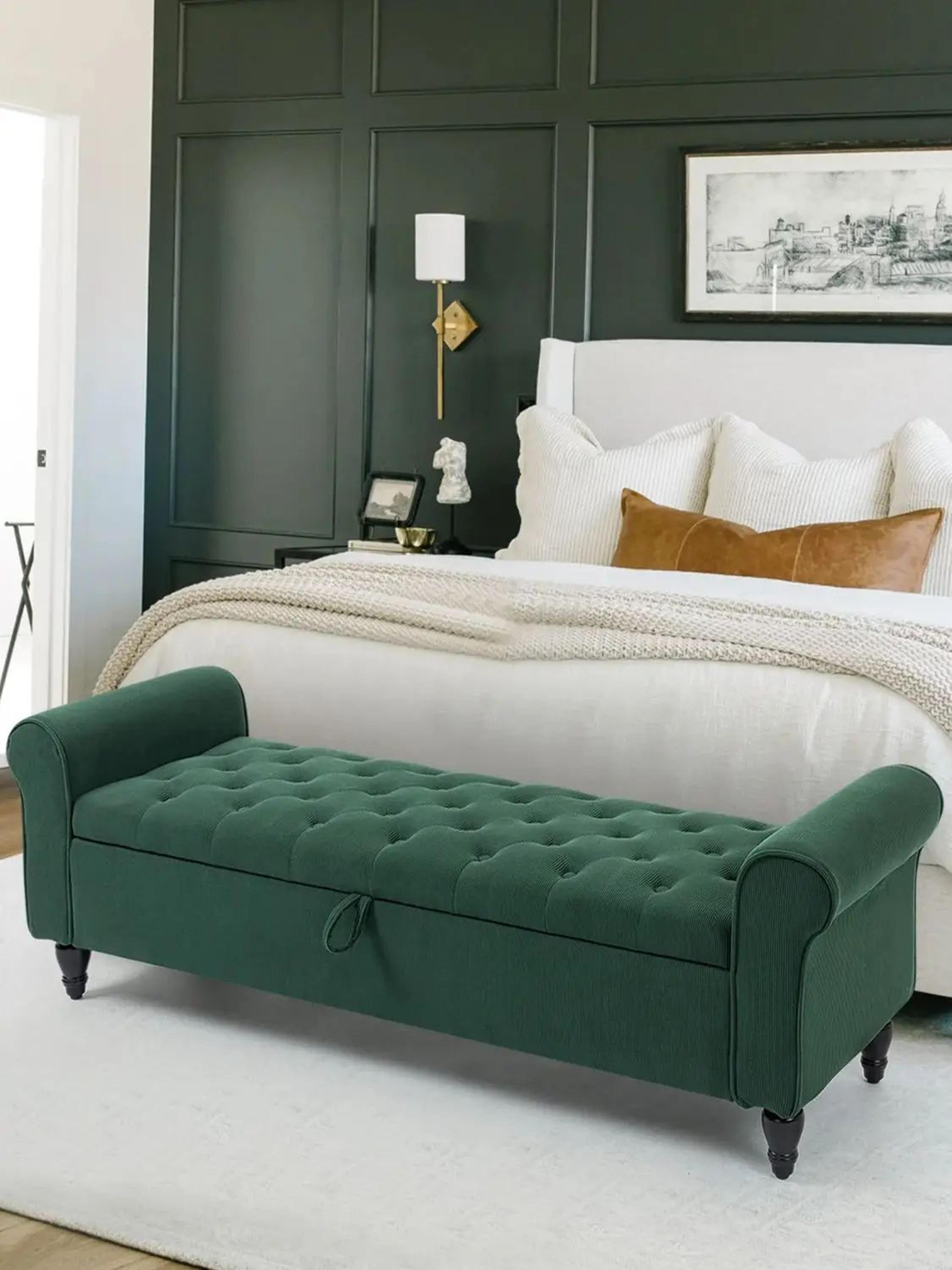 63in tufted storage ottoman bench – upholstered end-of-bed bench with hidden storage & rolled arms
