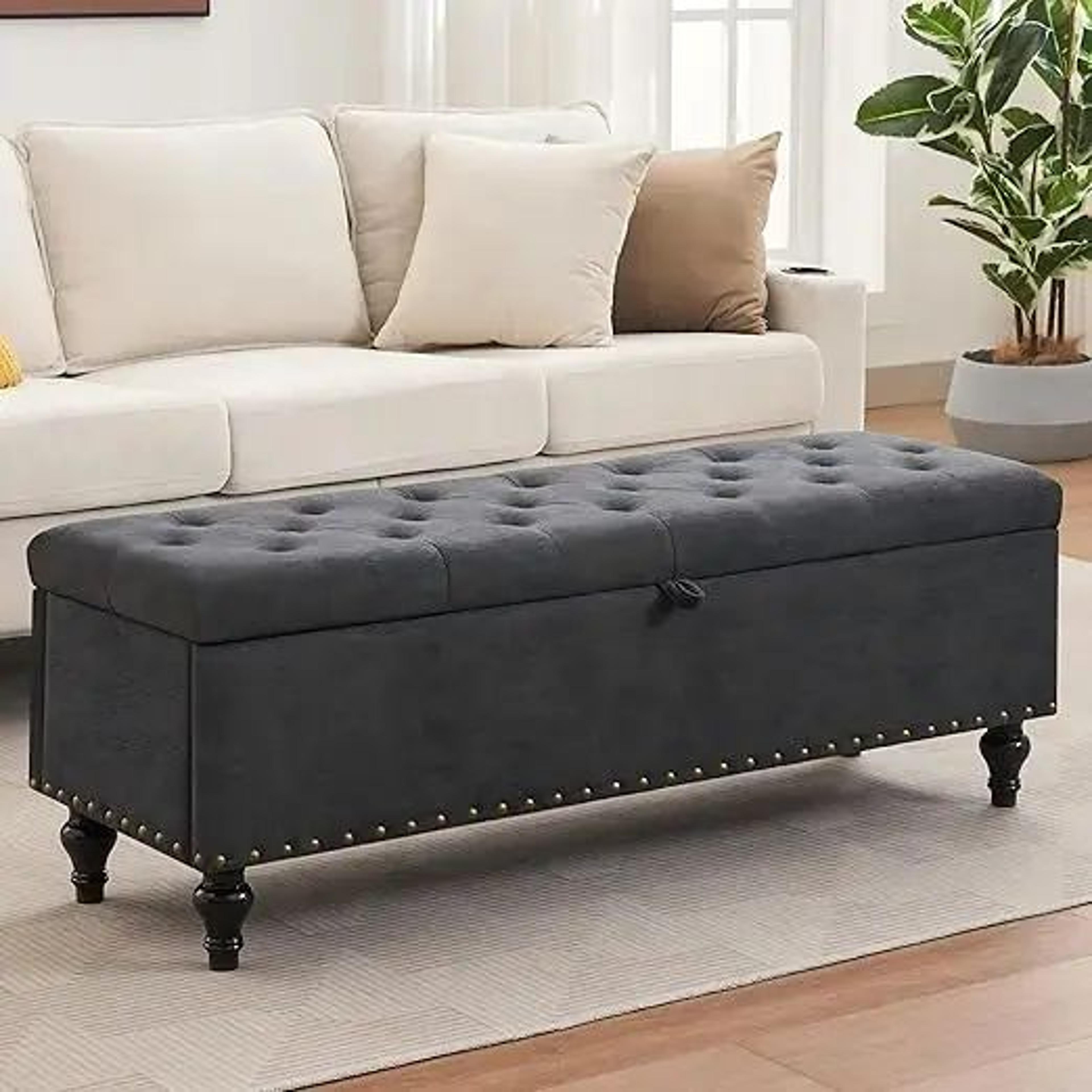 51.8in dark gray linen storage ottoman bench – large upholstered rectangular seat with safety hinges