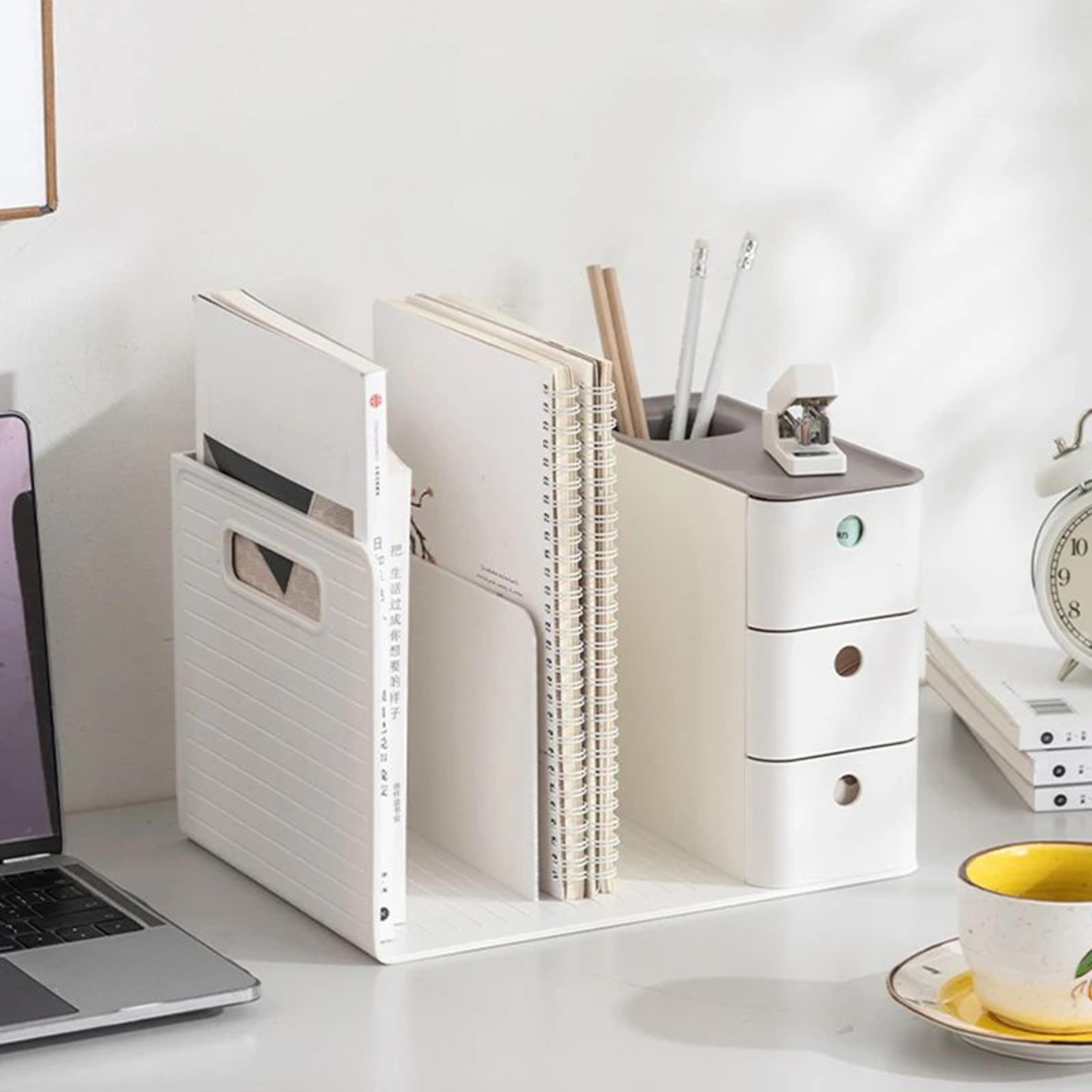 desktop book holder with dual drawers – bookends & magazine file organizer rack