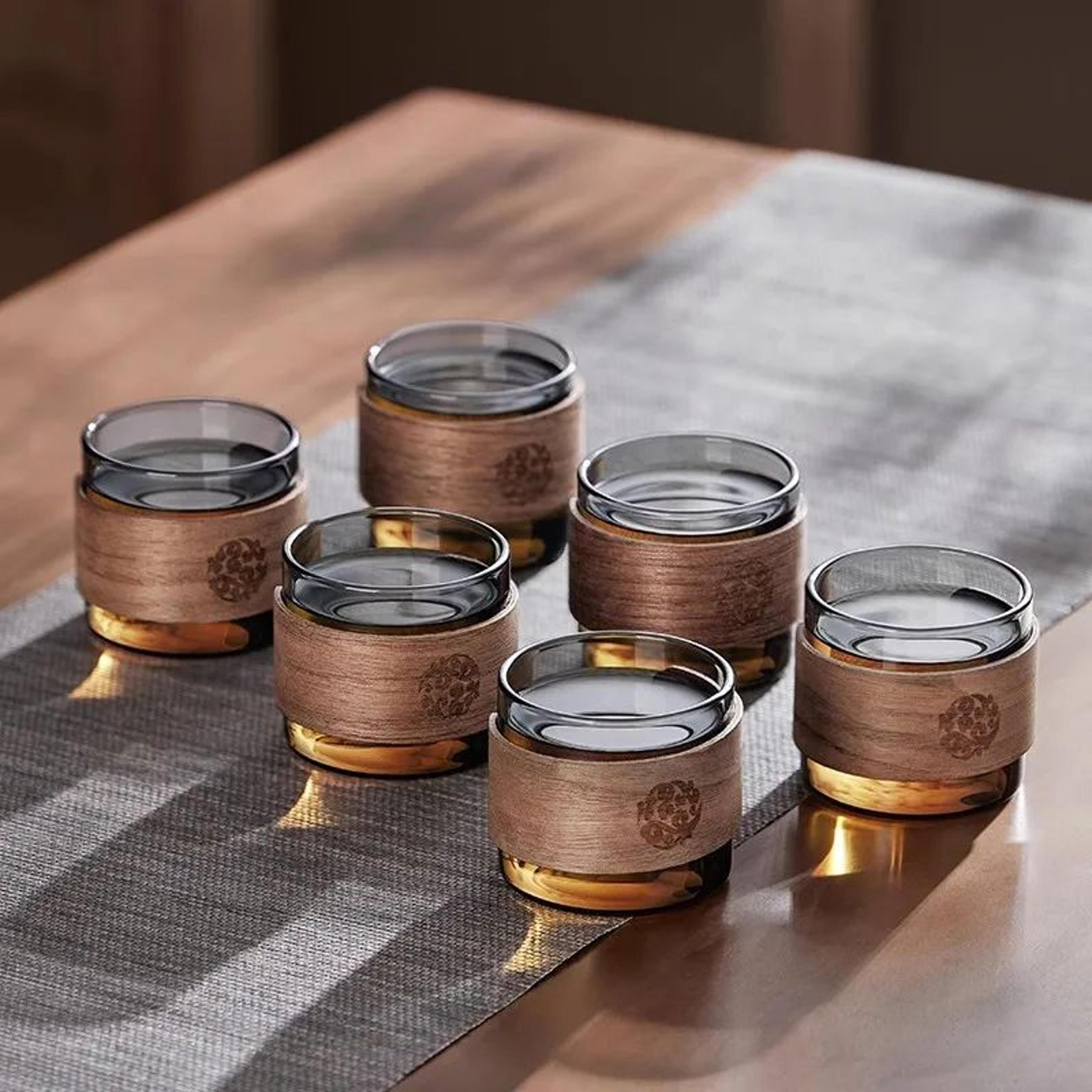 heat-resistant borosilicate glass tea cup set with wooden holder & lid – kungfu tea & espresso mugs