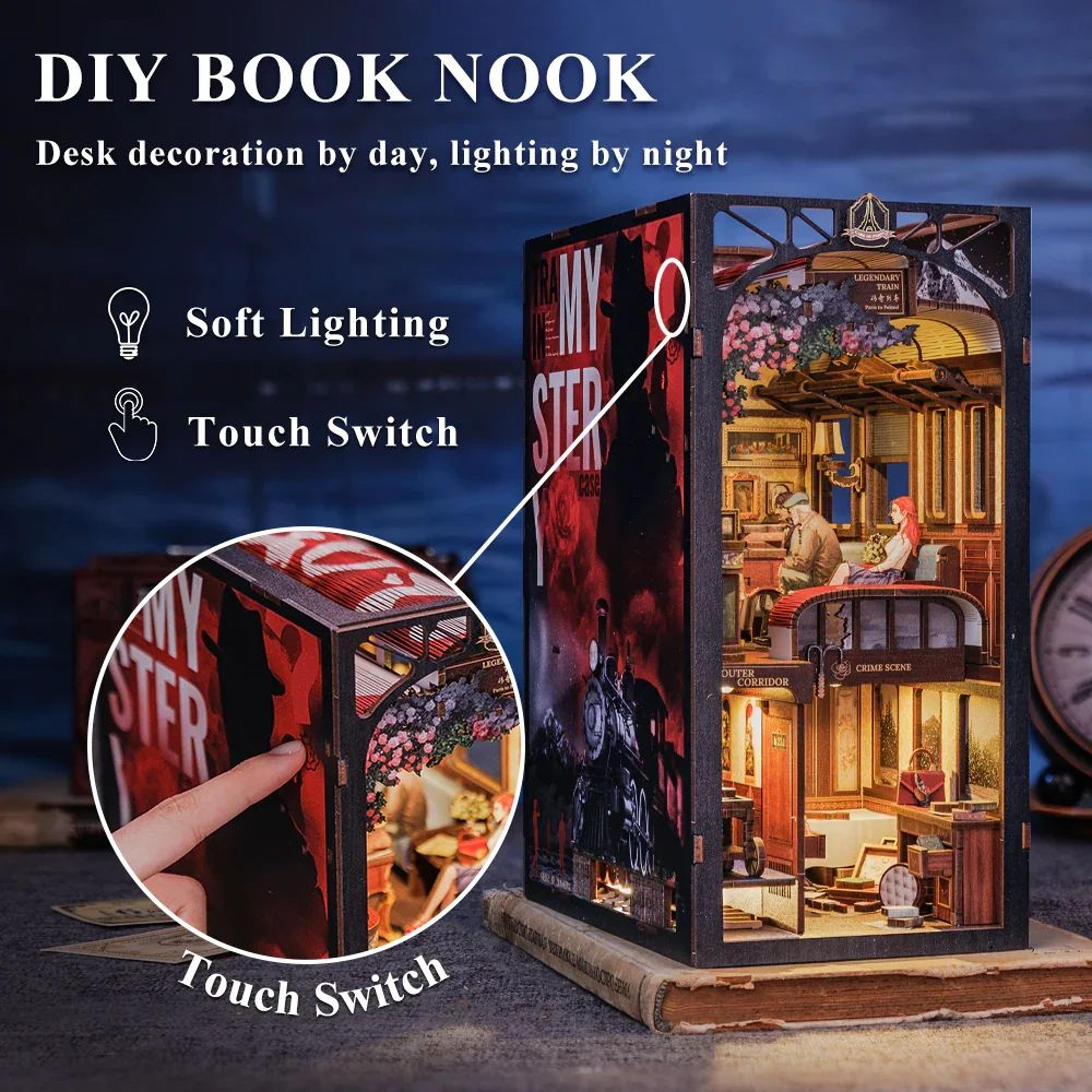 cutebee detective train mystery book nook kit – diy 3d wooden puzzle bookshelf insert