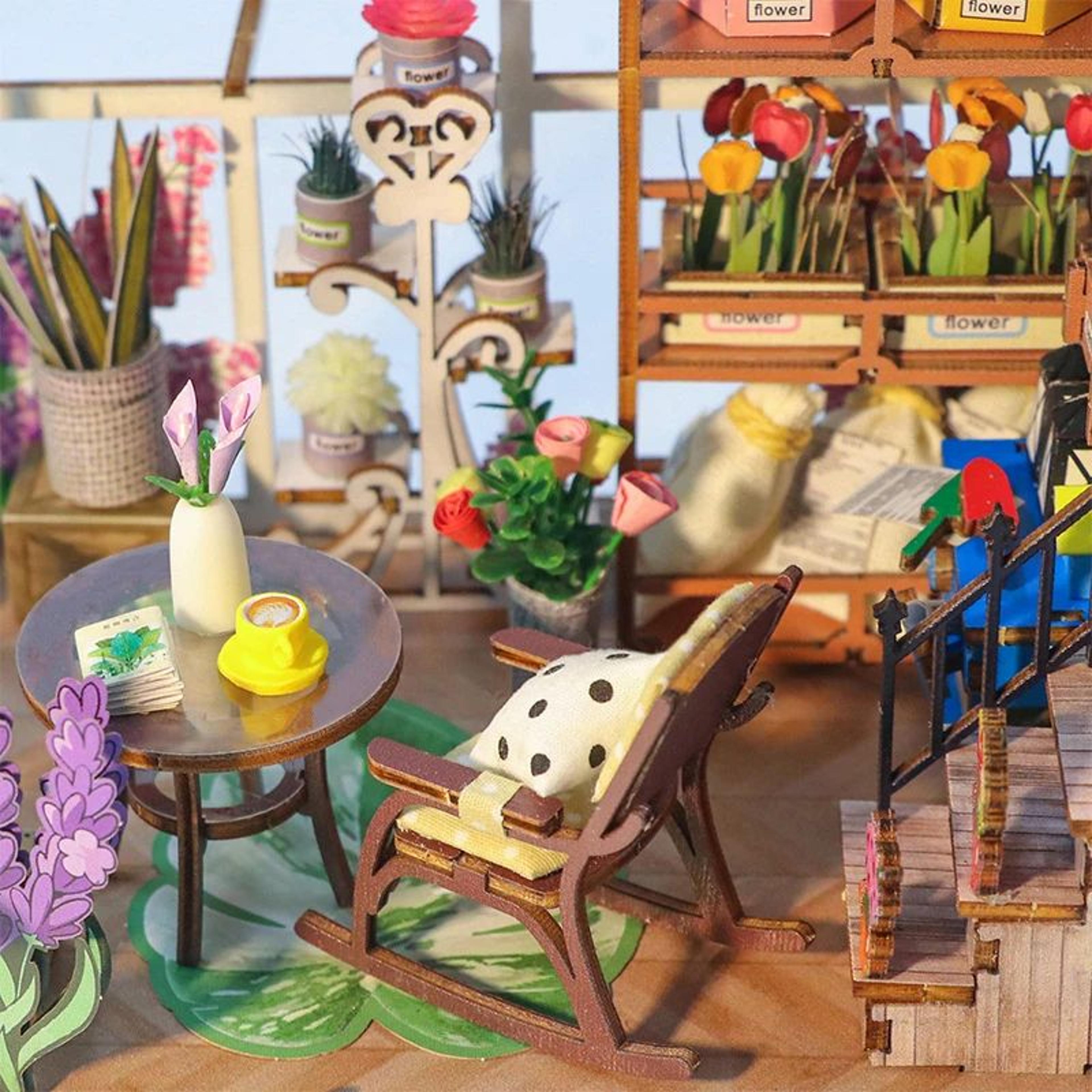 wooden flower garden diy book nook kit – 3d puzzle bookshelf insert with led lights