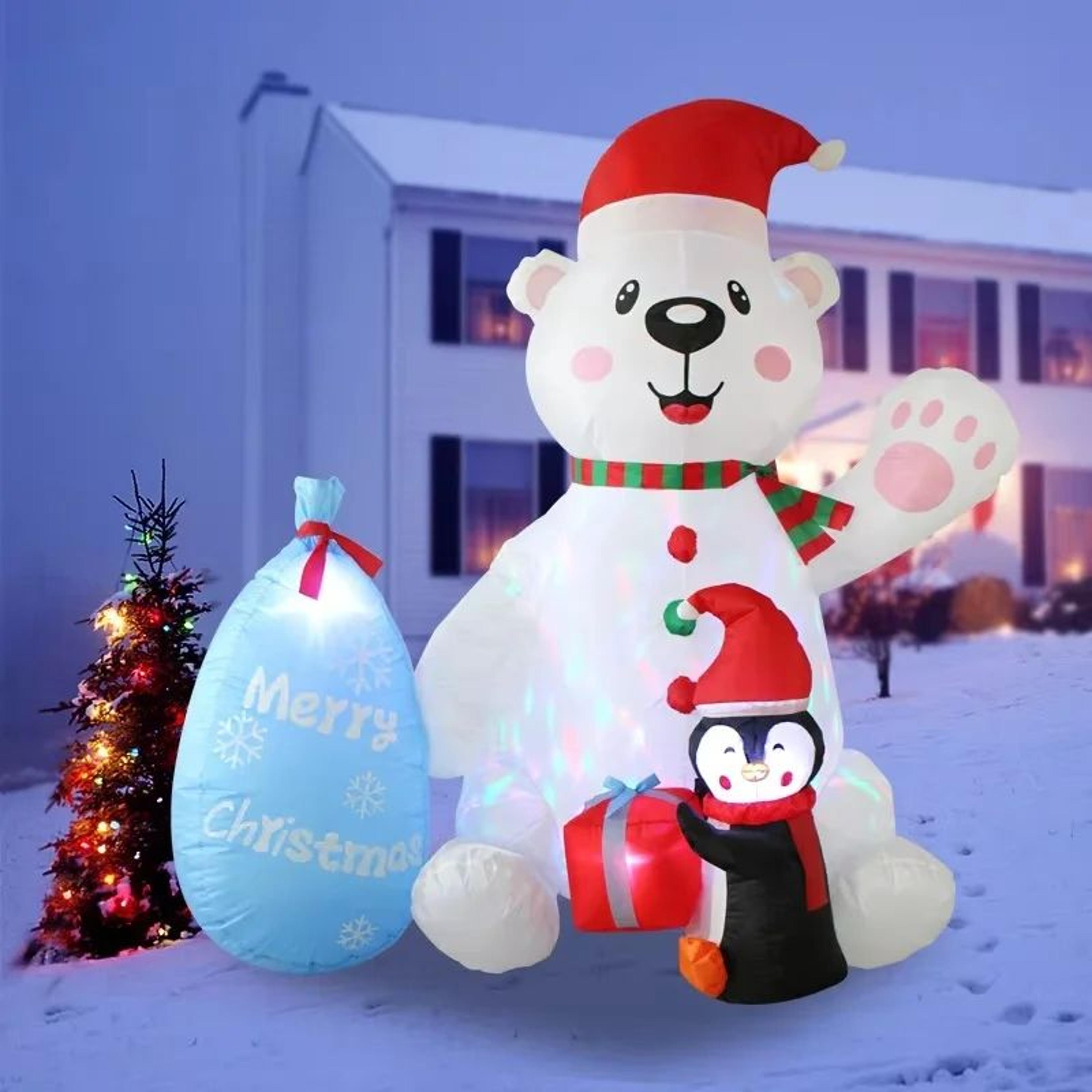 7ft christmas inflatable polar bear & penguin with gift bags – led rotating outdoor holiday decoration
